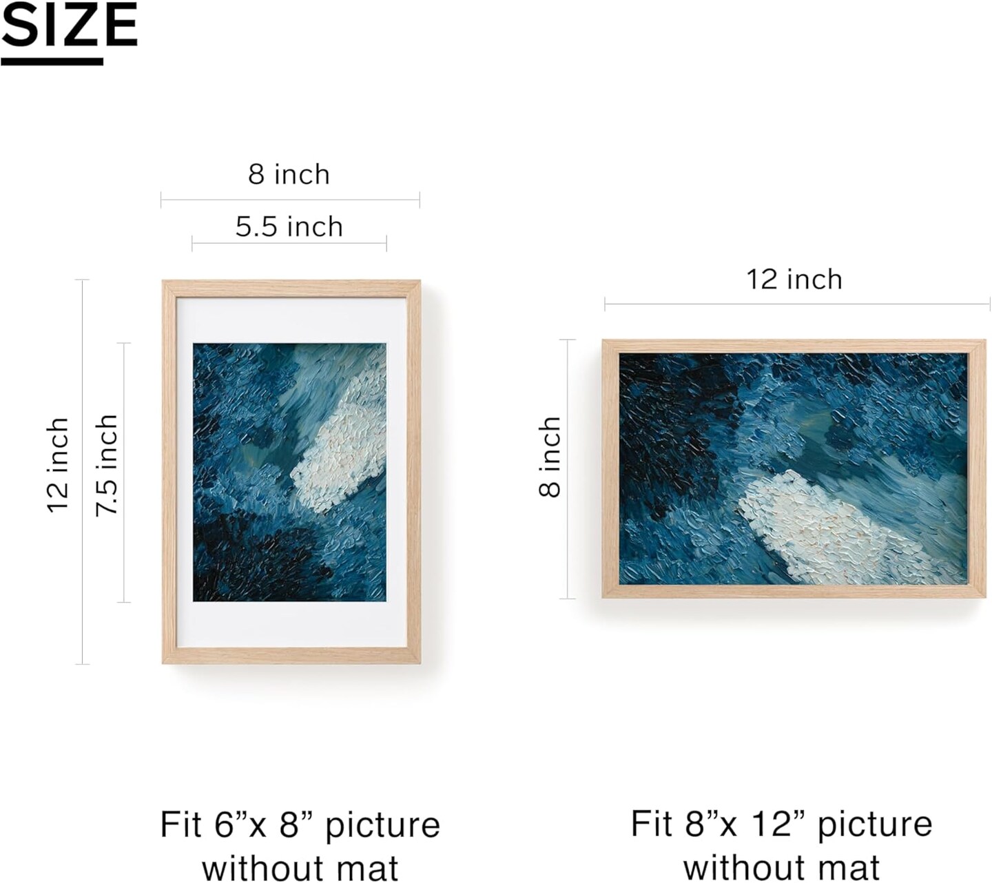 8x12 Picture Frame with Mat for Wall Frames 6x8, Set of 2 Solid Wood Veneer Finish Natural Photo Frame 8 by 12 Poster Frame for Gallery Art Prints Home Decor
