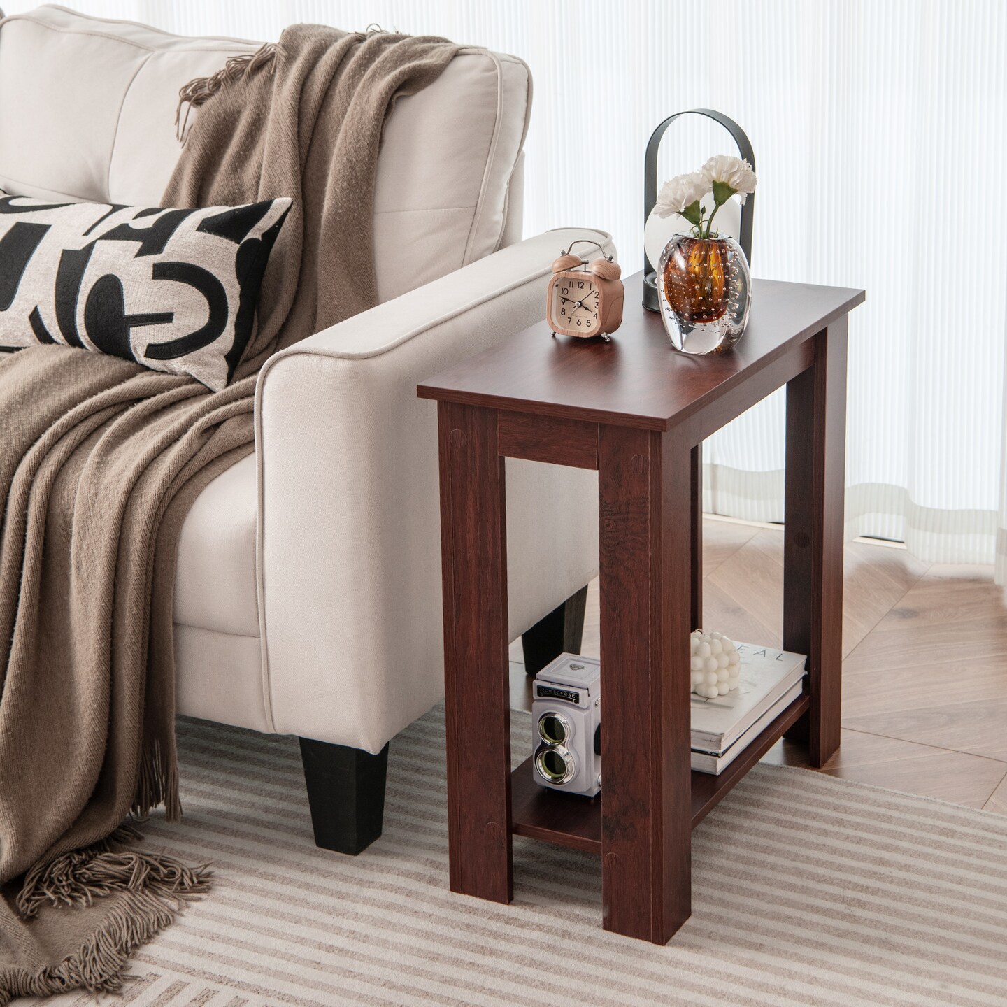 Modern 2 Tier Brown Wooden End Table with Storage Shelf for Living Room or Bedroom