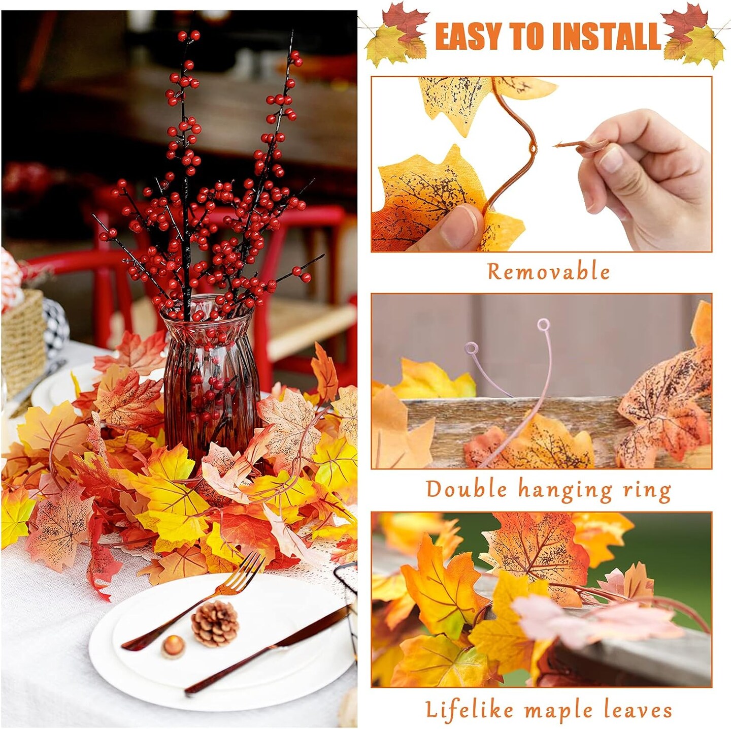 5 Pack Fall Garland, 5.9 Ft Artificial Maple Leaf Autumn Garland Hanging Fall Vines Table Decorations Front Door Fall Decor Thanksgiving Decorations Decor Outside Indoor Decor