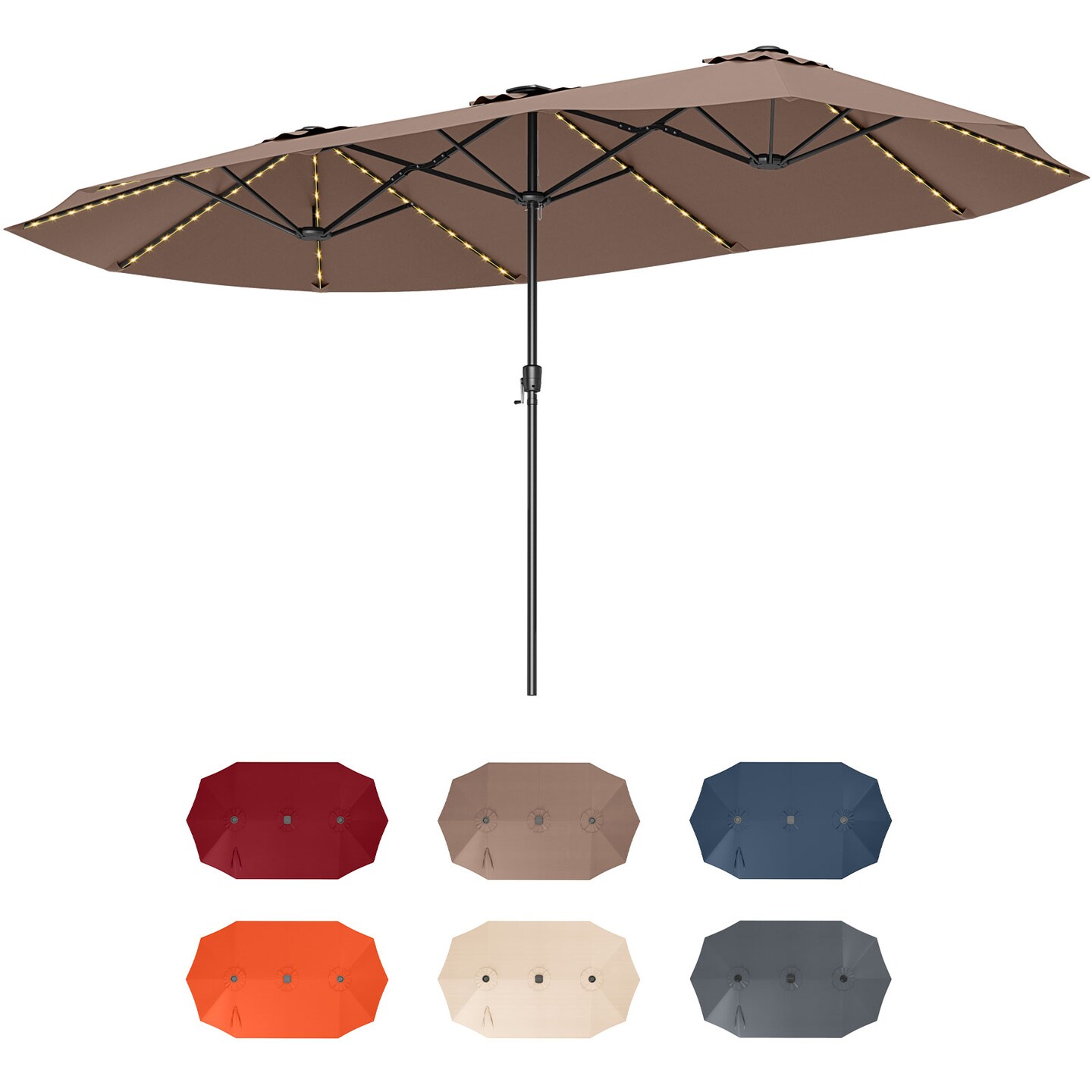 Extra Large LED Patio Umbrella, Double-Tier Canopy with Crank and Solar Lights