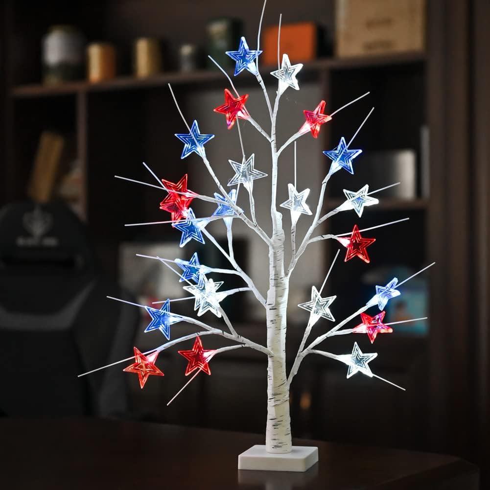 4th of July Decorations, Birch Table lamp Flag Star Tree Lights, 24”Independence Day Table lamp for Home, Bedroom Room Office Decoration, 1Pack, 24 inch