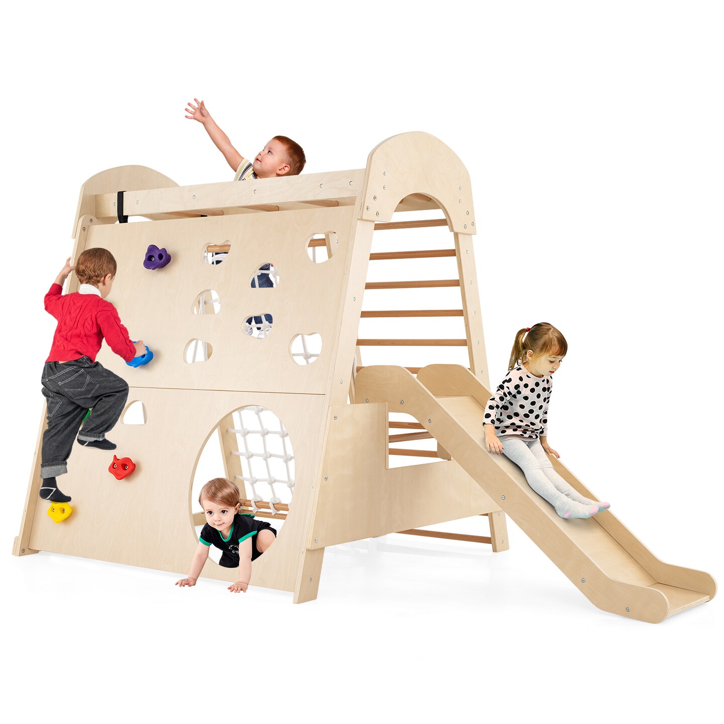 Wooden 8 in 1 Indoor Playground with Swing Climbing Wall and Slide