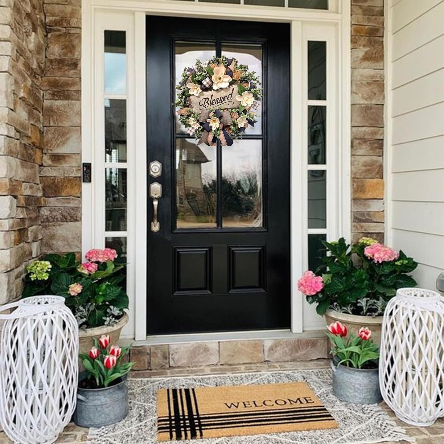 Spring & Summer Magnolia Wreath – Farmhouse Front Door Decor with Buffalo Plaid