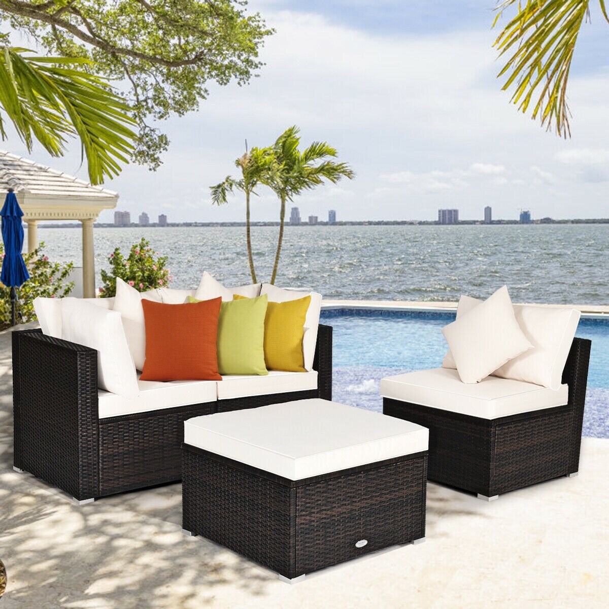 4-Piece White Cushion PE Rattan Outdoor Sectional Sofa Set Modular Wicker Patio Furniture with Ottoman