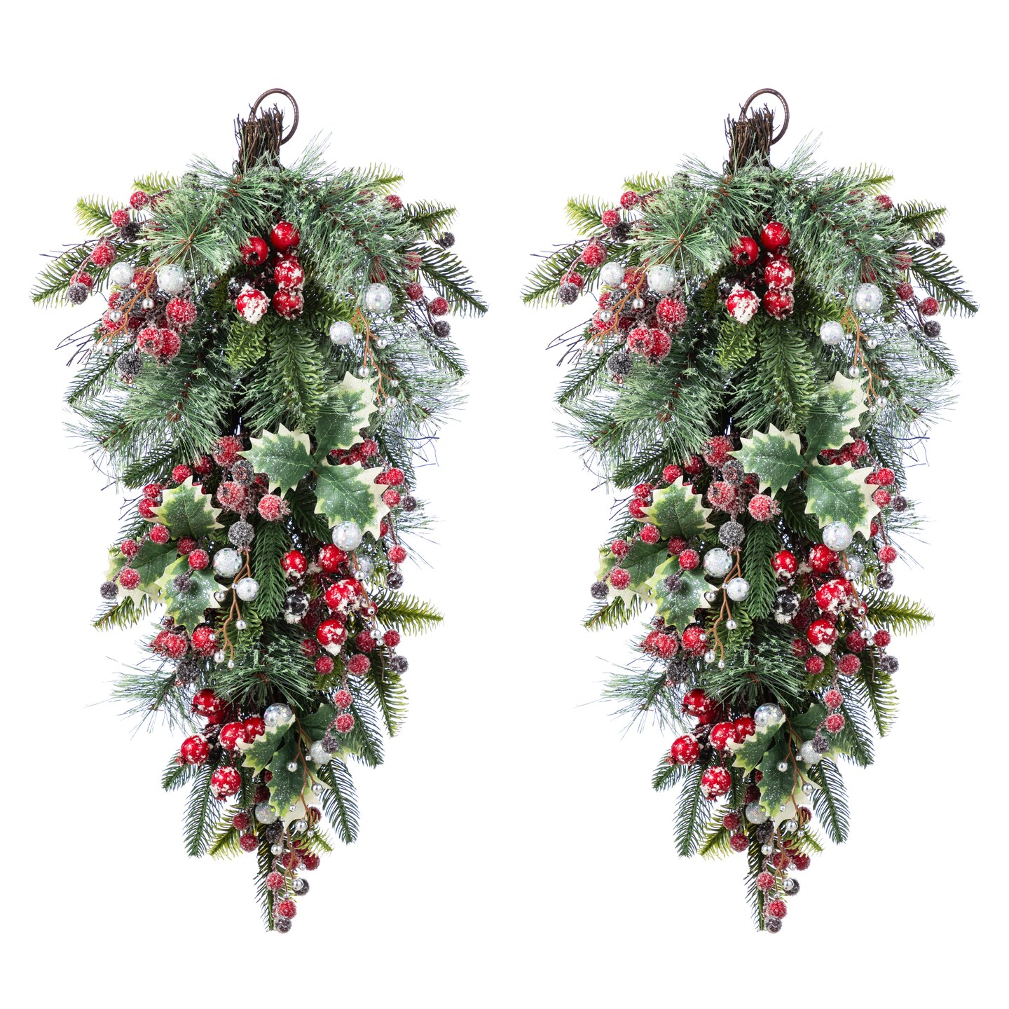 Set of 2 28"H Christmas Red Pomegranate Berry & Holy Leaf Teardrop