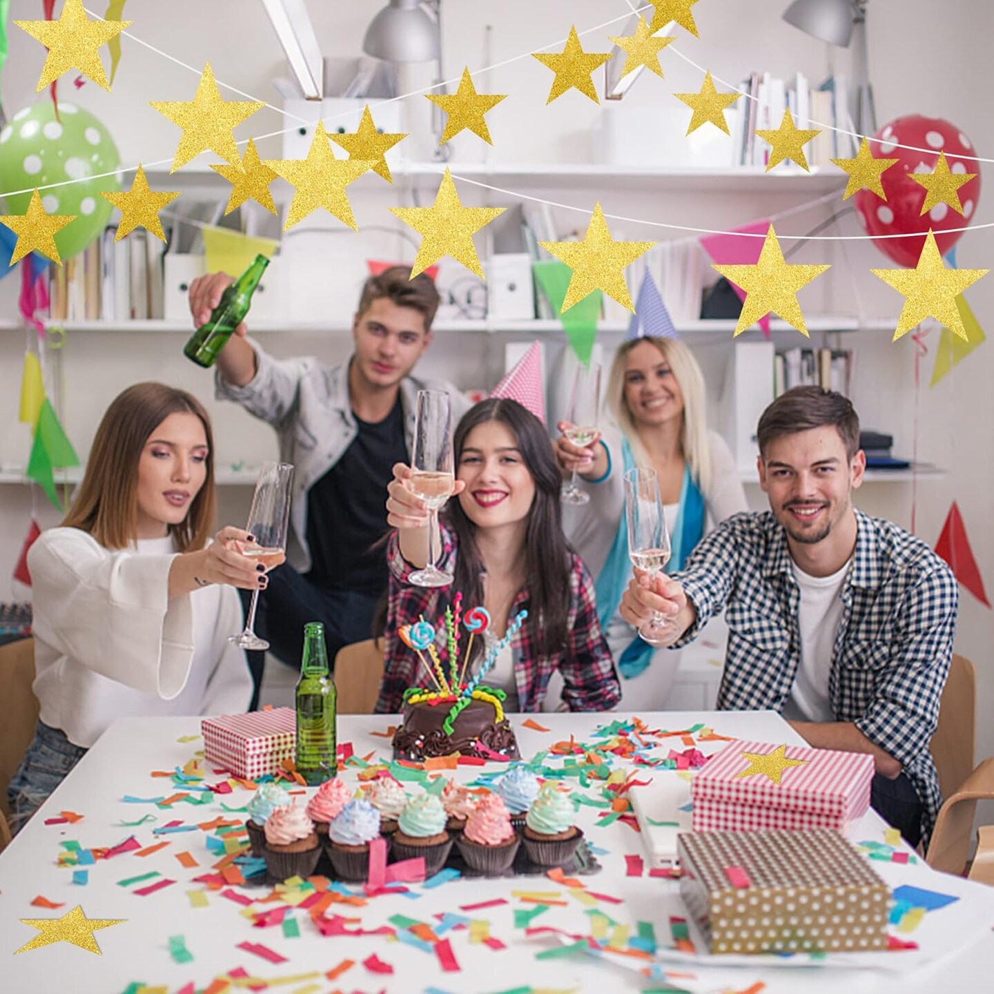 100 PCS Glitter Gold Five Star Cutouts Paper Stars Confetti Cutout Gold Star Cutouts for Bulletin Board Stars Accents Classroom Wall Party Decoration Supply