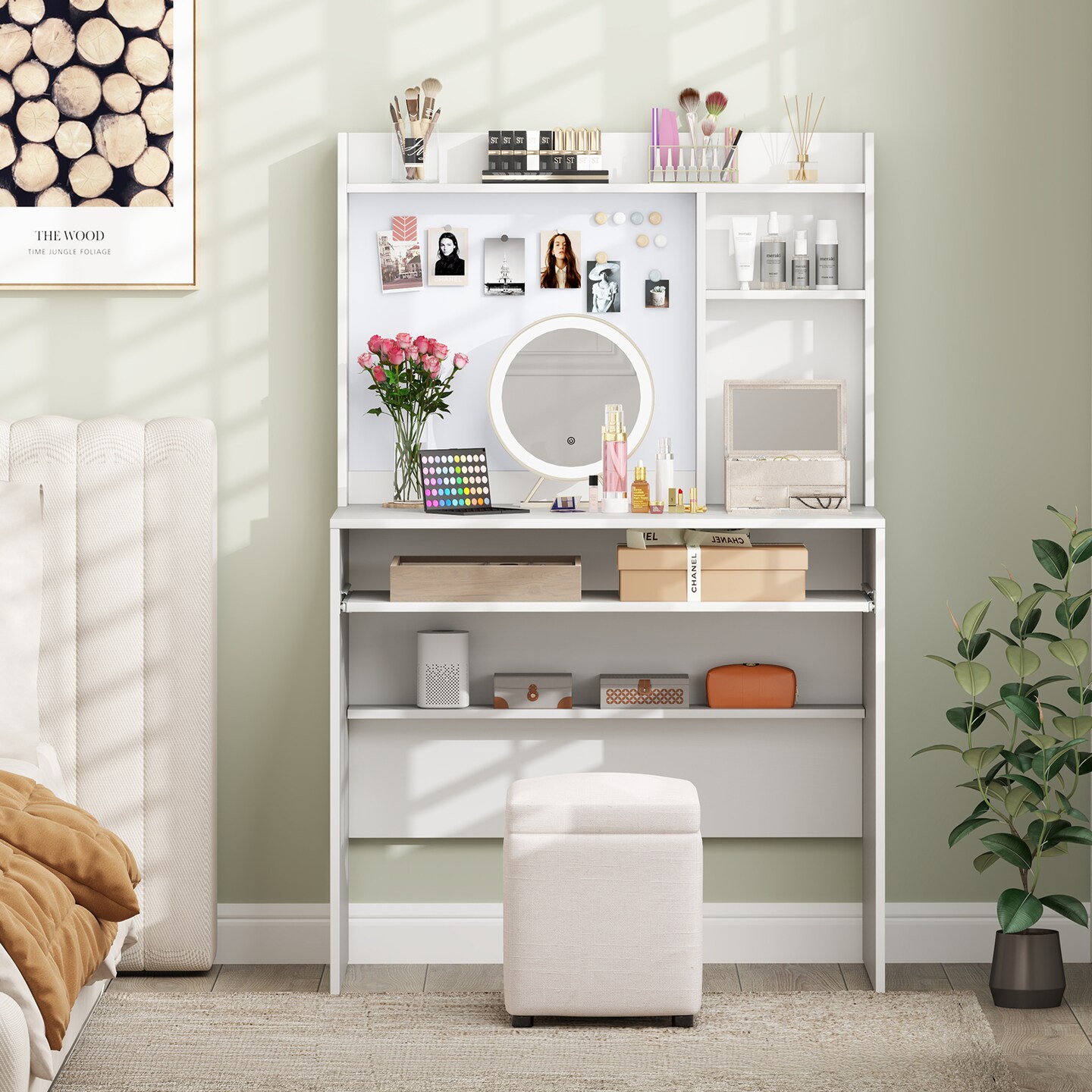 Home Office Desk with Hutch Pull Out Tray and Magnetic Whiteboard