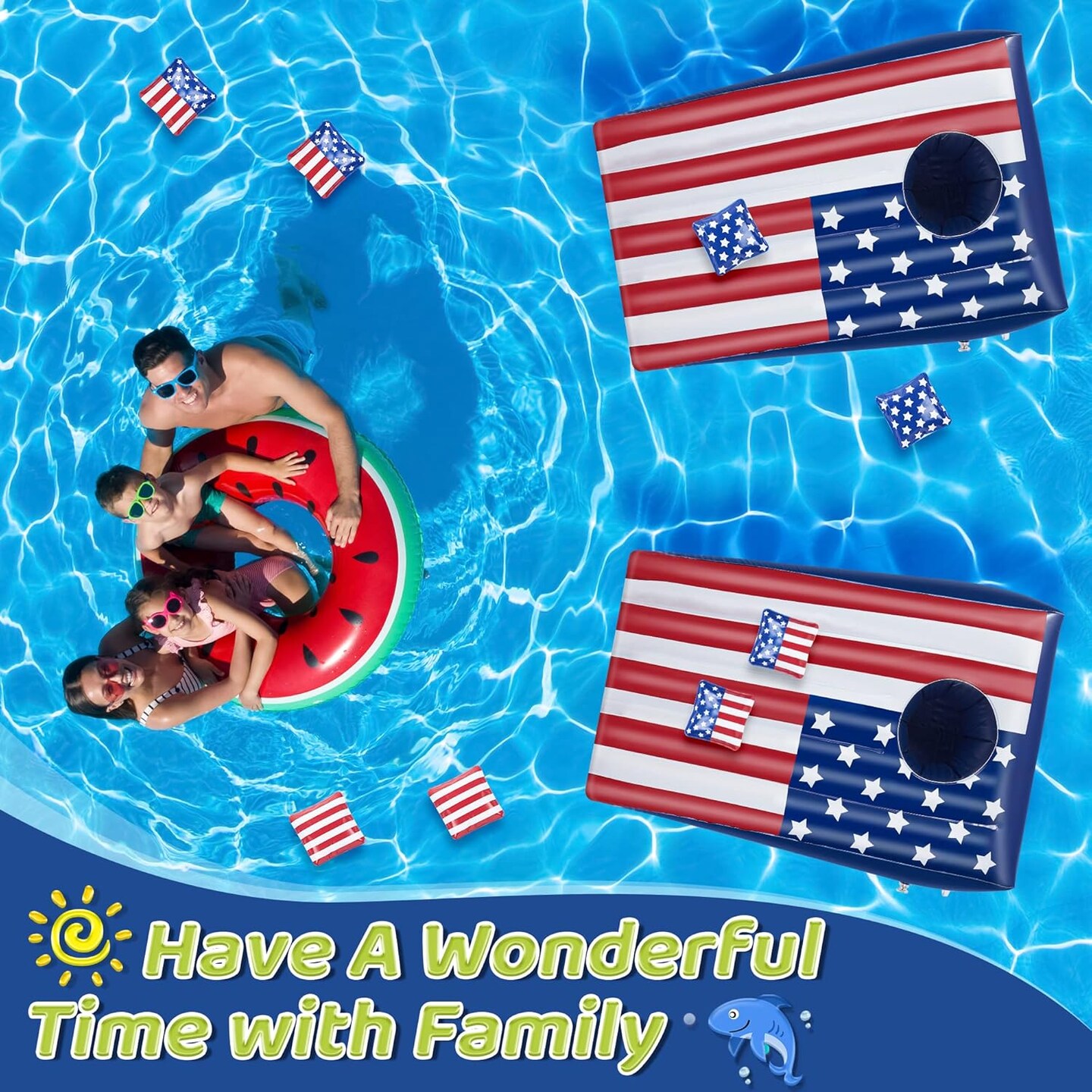 Pool Cornhole Inflatable Bean Bag Toss Game Toy 2 Sets, Independence Day Swimming Pool Game for Teens, Adults and Family, American Flag Theme Water Floating Cornhole Toy with 8 Bean Bags