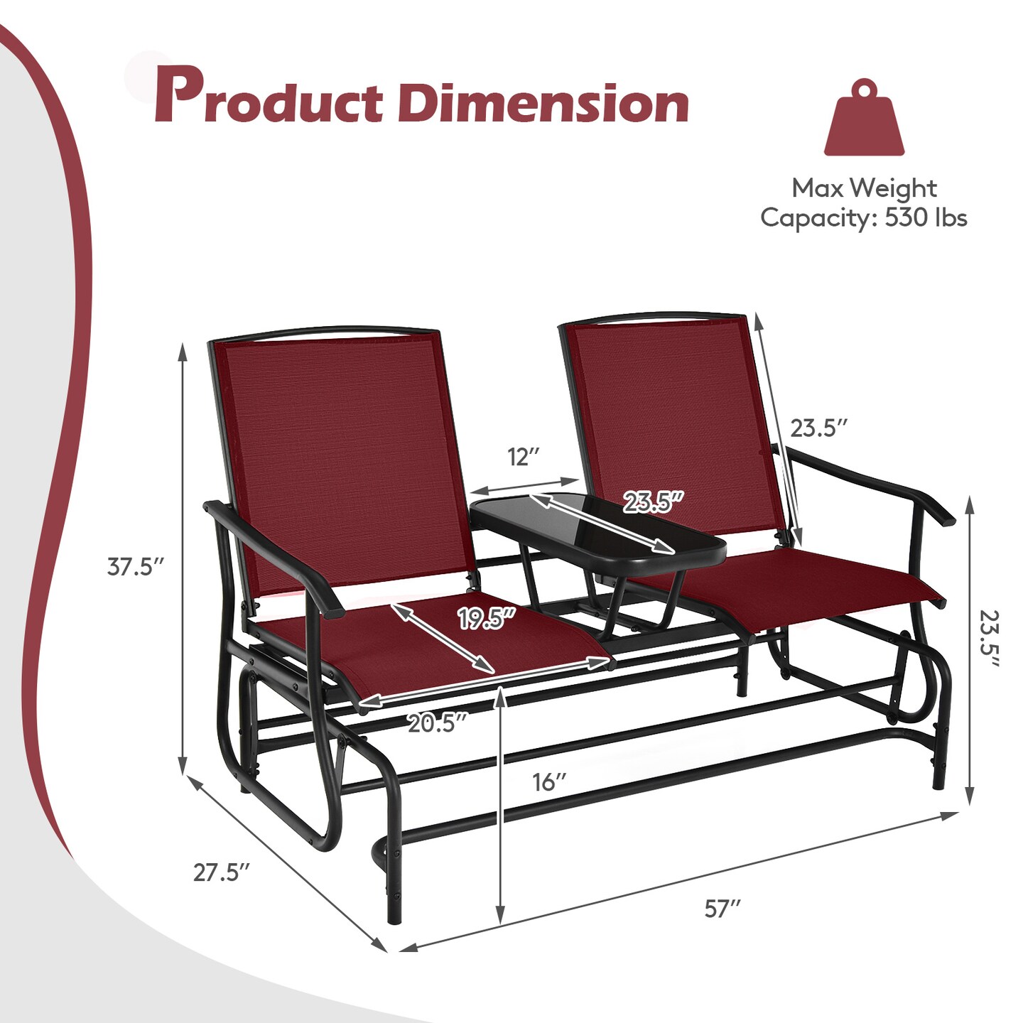 Comfortable 2-Person Double Rocking Loveseat with Glass Table and Armrests