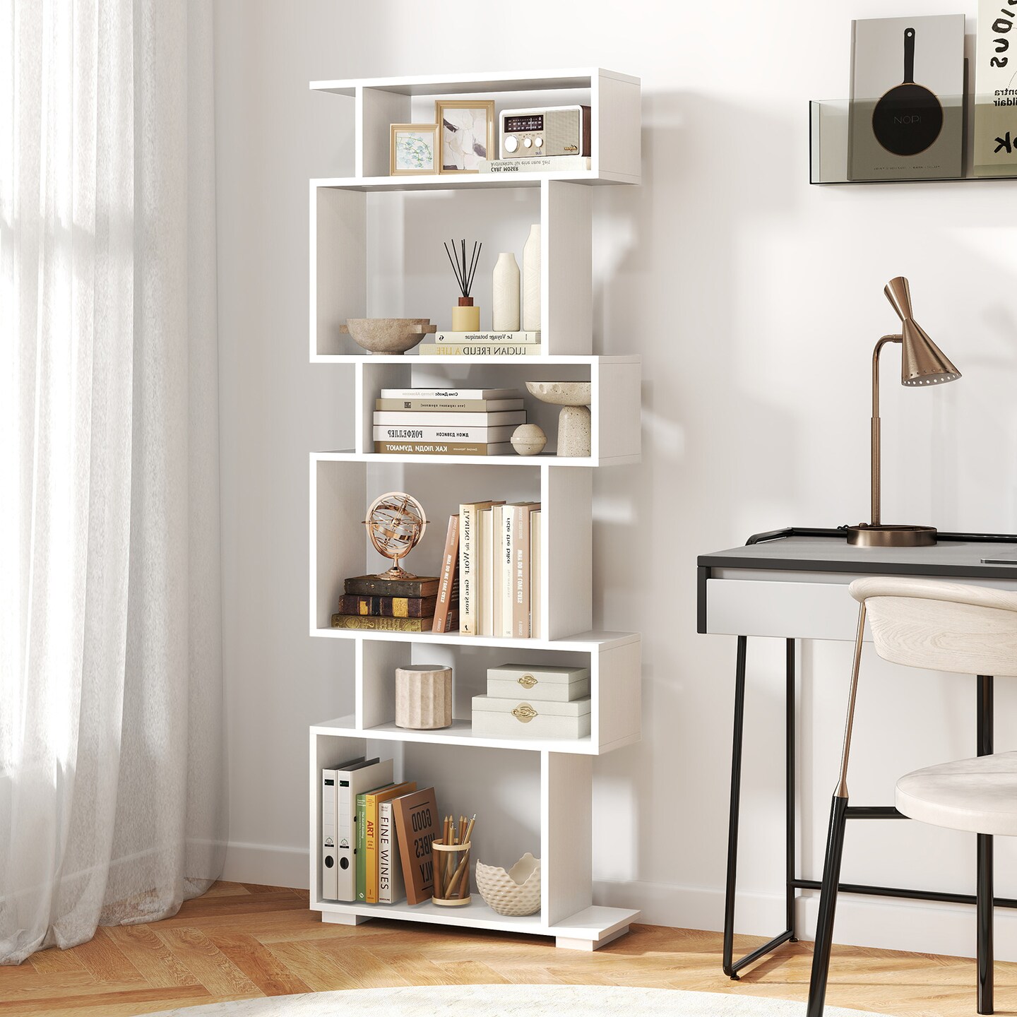 6-Tier Modern Wooden Bookshelf with Geometric S-Shape Design Bedroom or Living Room