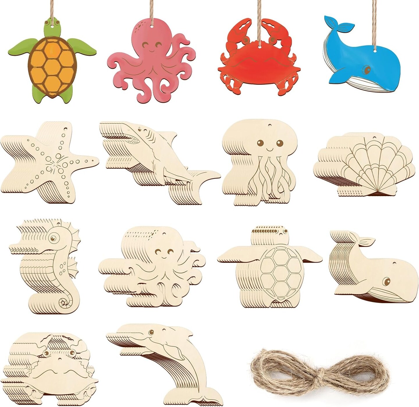 Wooden Sea Ornaments to Paint, 10 Styles DIY Blank Unfinished Wood Ocean Whale Seahorse Octopus Starfish Dolphin Turtle Shark Crab Cutouts Ornament for Crafts Hanging Decorations Summer