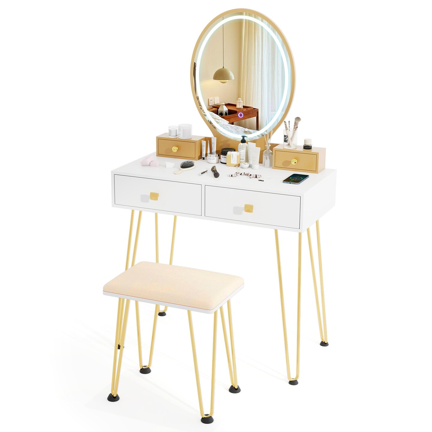 White and Gold Makeup Vanity Table with Adjustable Brightness LED Mirror and USB Charging Storage Drawers