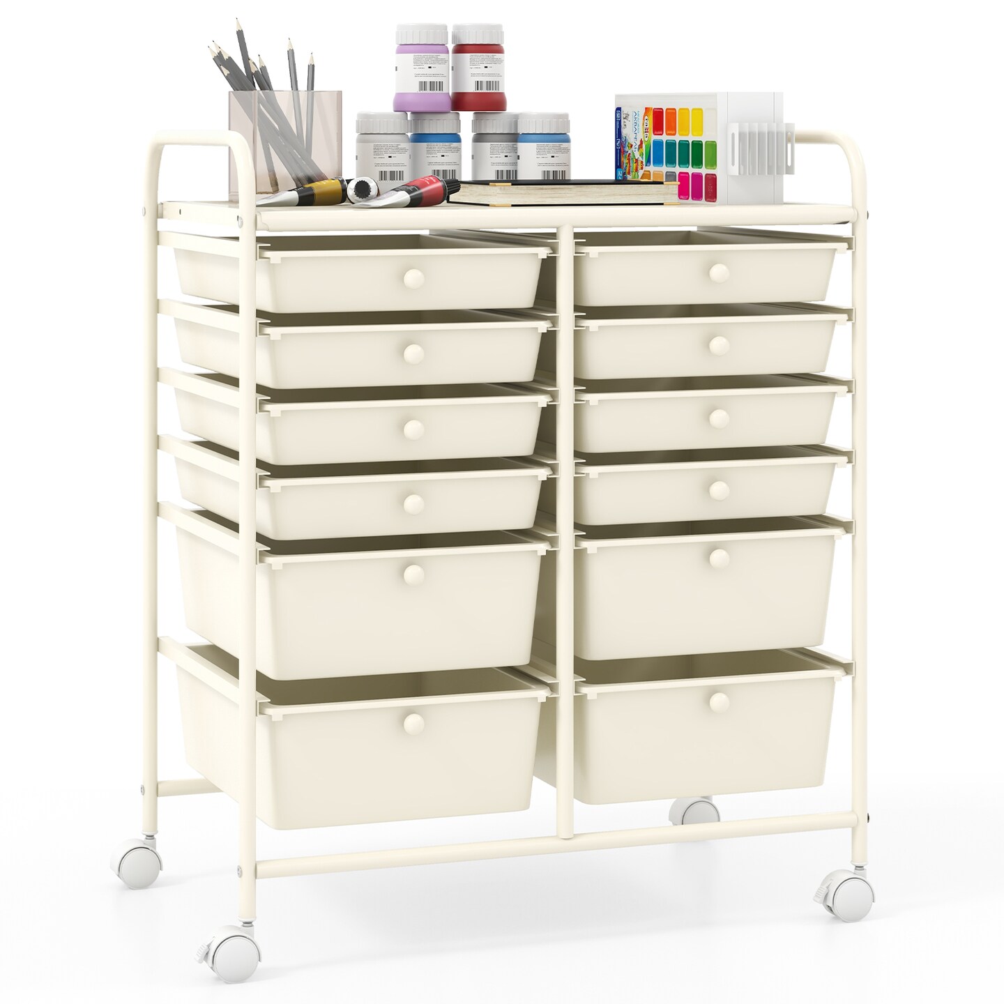 Space-Saving 12-Drawer Rolling Cart Sturdy Metal and PP Storage Trolley with Lockable Wheels for Office or Home
