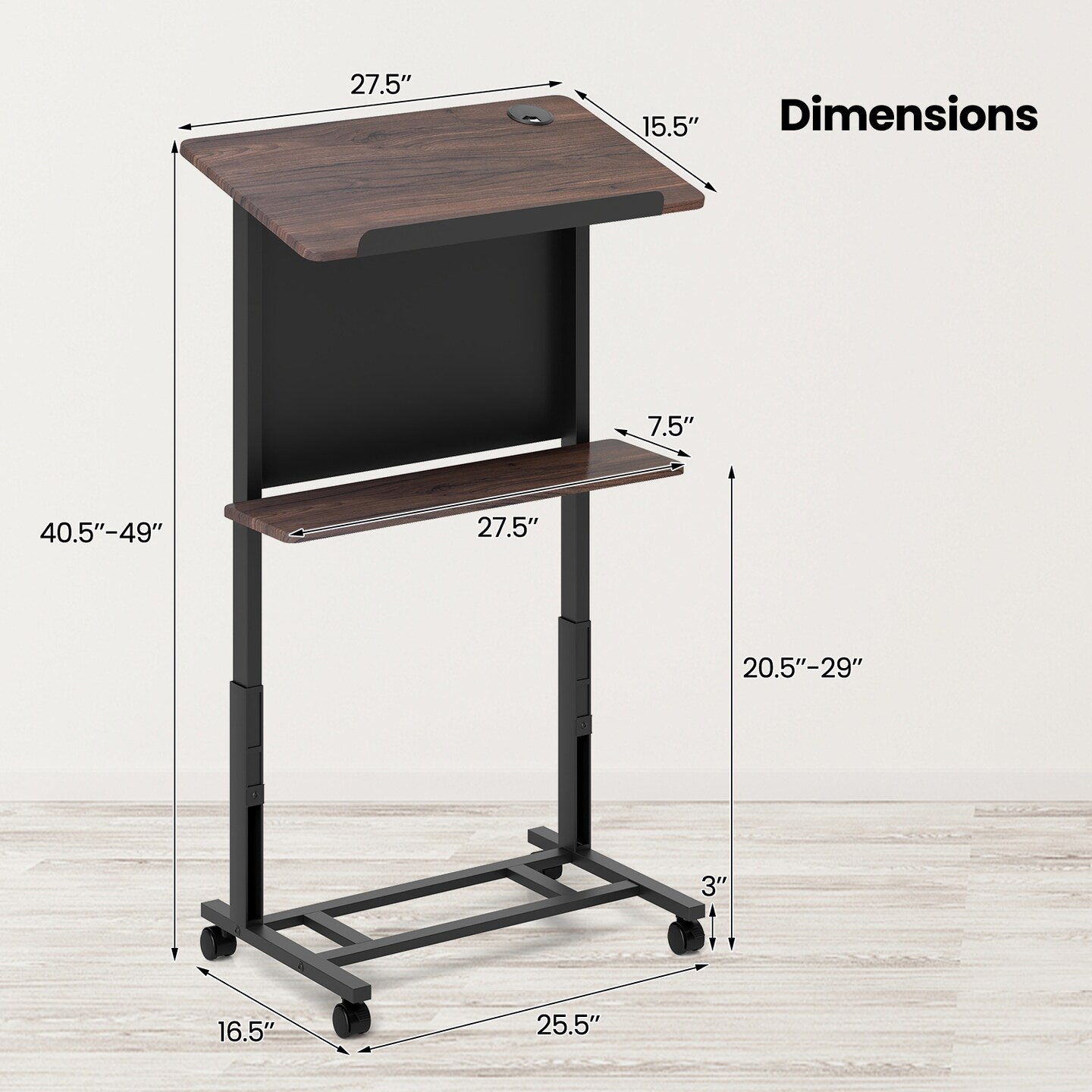 Walnut Black Adjustable Mobile Podium Stand with Storage Shelf