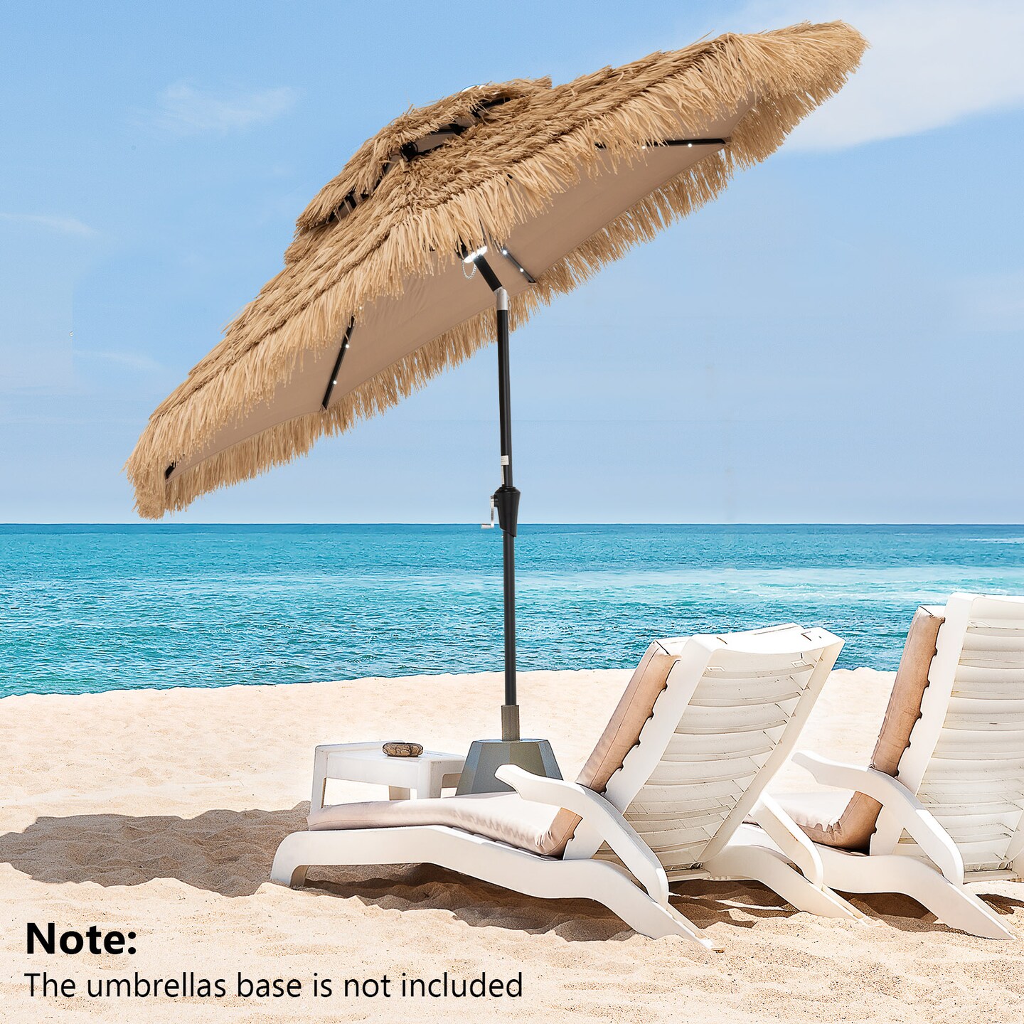 9 Feet Solar Patio Umbrella with LED Lights Natural Thatch Roof and Tilt Crank for Backyard Use