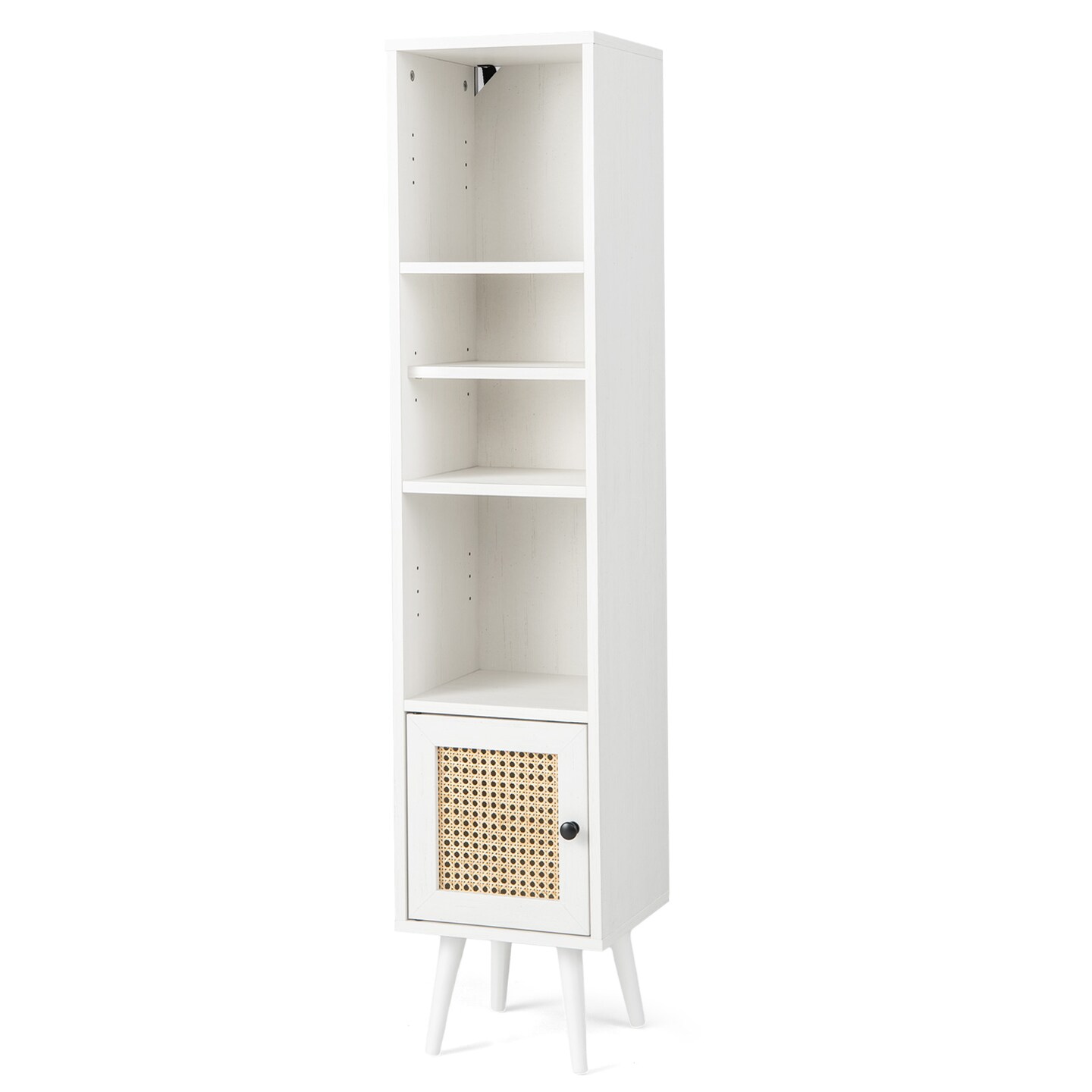 4 Tiers Space-Saving White Storage Cabinet with Rattan Door Adjustable Shelves and Solid Wood Legs