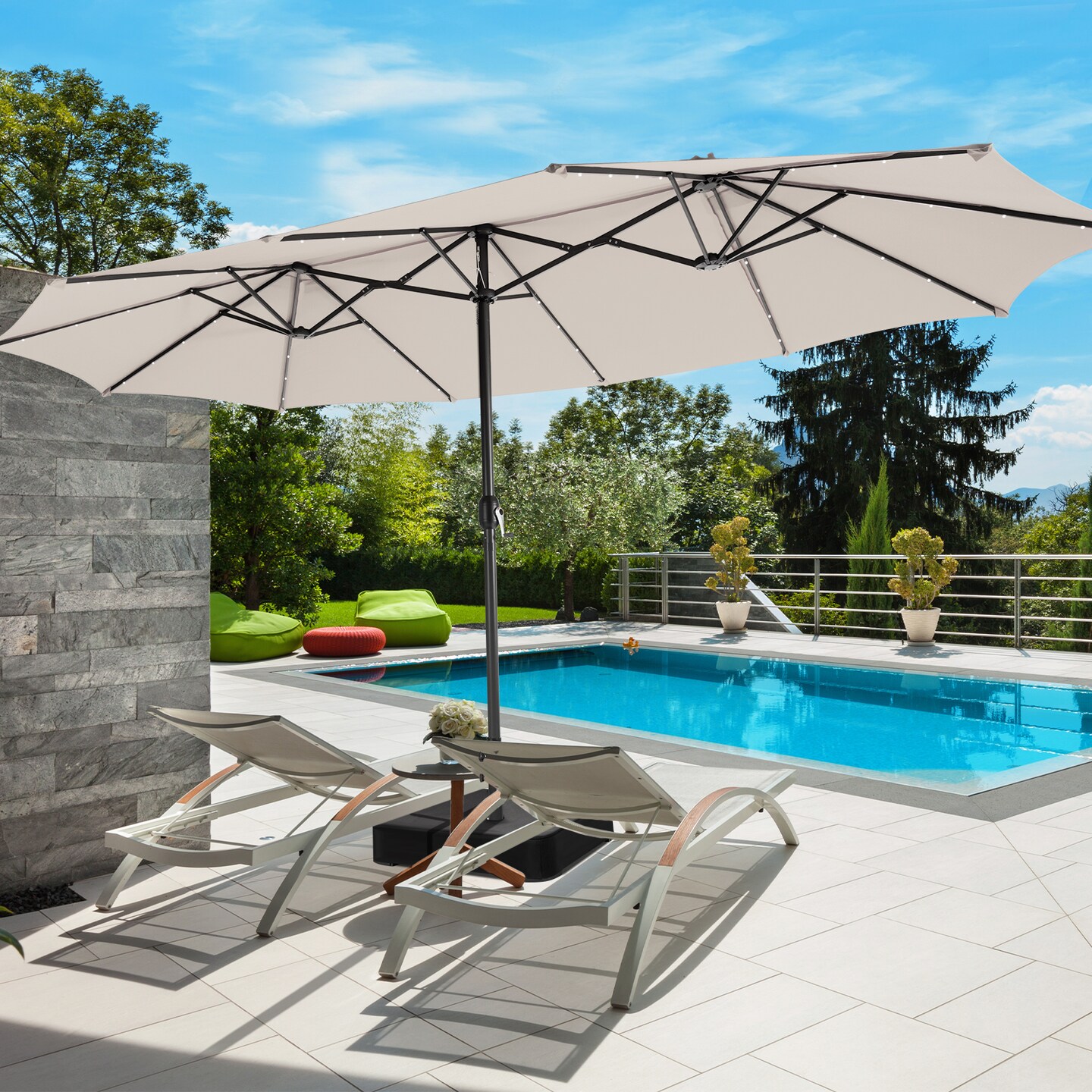 best 15 patio umbrella 15 Feet Outdoor Patio Umbrella with 48 Solar LED Lights and Ventilated  Canopy Easy Crank Mechanism for Garden Use, Color: Beige