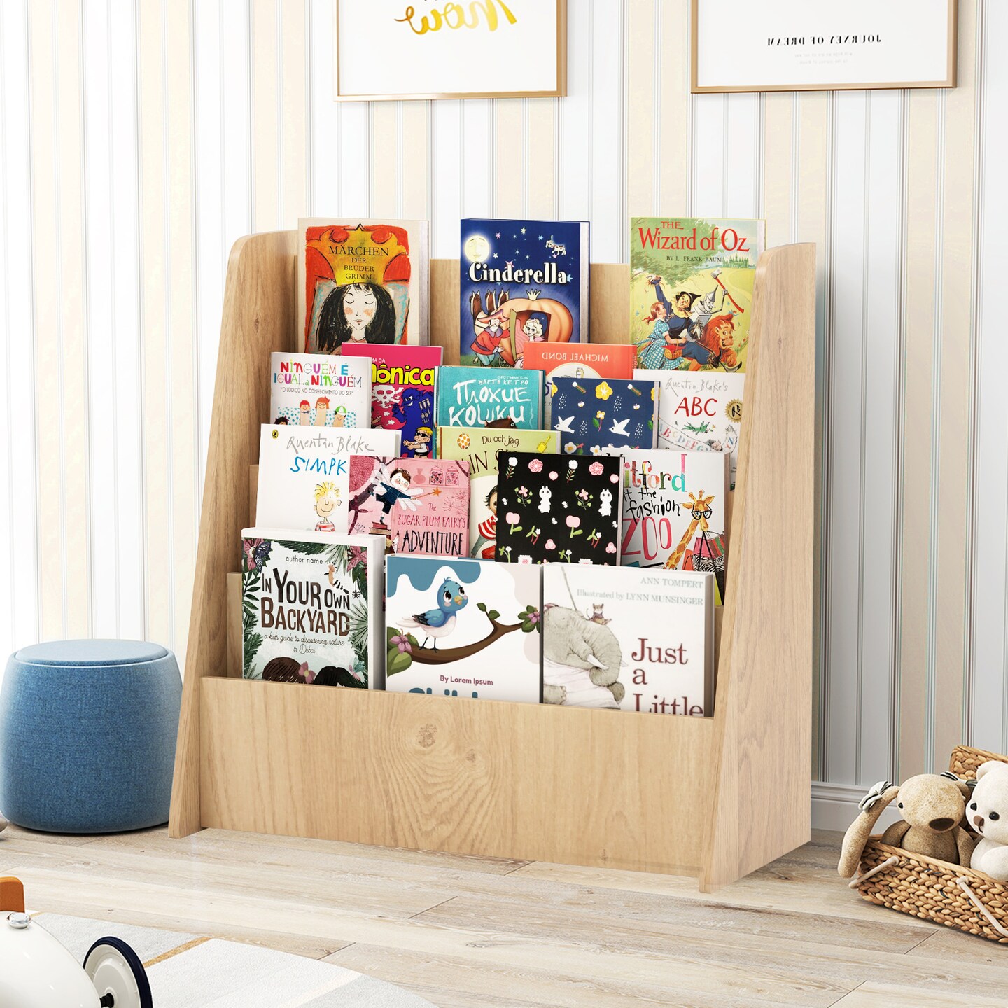 Kids Book Display Shelf with 4 Storage Tiers Wooden Bookshelf Organizer for Learning Room
