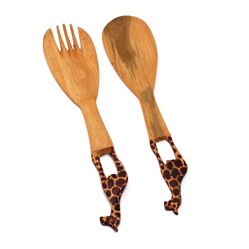 Hand-Carved 12" Utensils Rustic Wooden Salad Servers Set with Giraffe Handle Design