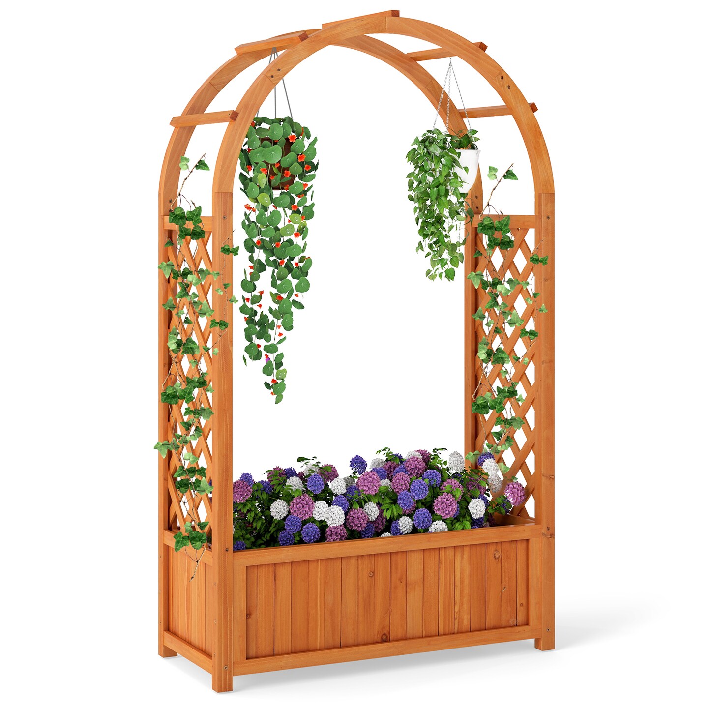 Reddish Brown Wooden Raised Garden Bed with Trellis and Arch Outdoor Planter Box with Liner