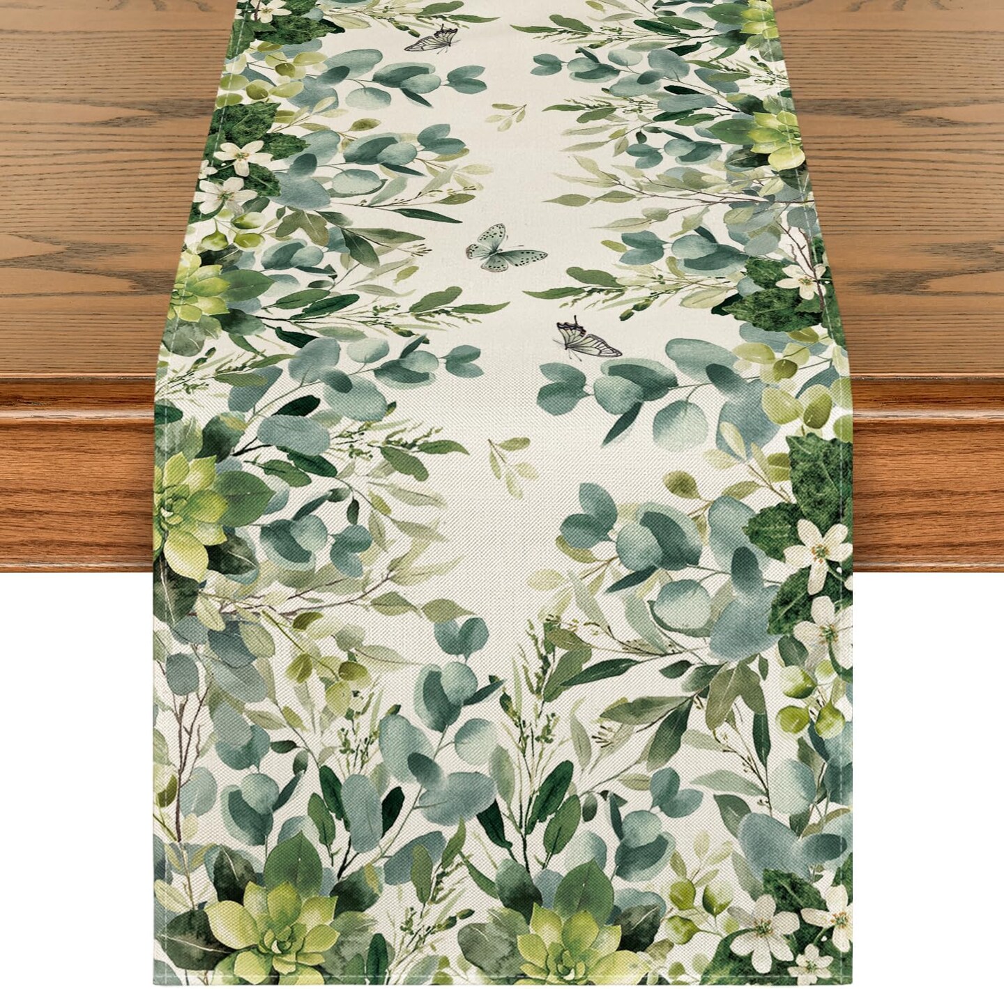 Green Flowers Floral Eucalyptus Summer Table Runner, Seasonal Spring Kitchen Dining Table Decoration for Home Party Decor