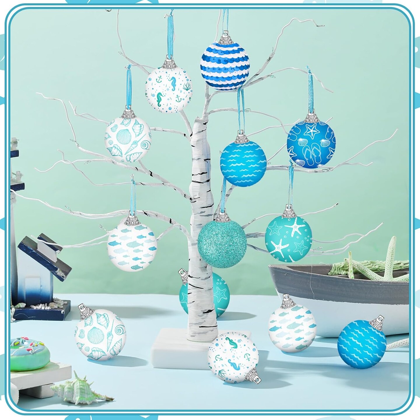 16 Pcs Summer Ornaments for Tree, 1.57 inch Beach Ocean Decorations Coastal Starfish Seashells Wave Hanging Ball Decor Blue Shiny Summer Ball Ornaments for Holiday Party Favor Decorative (Ocean)