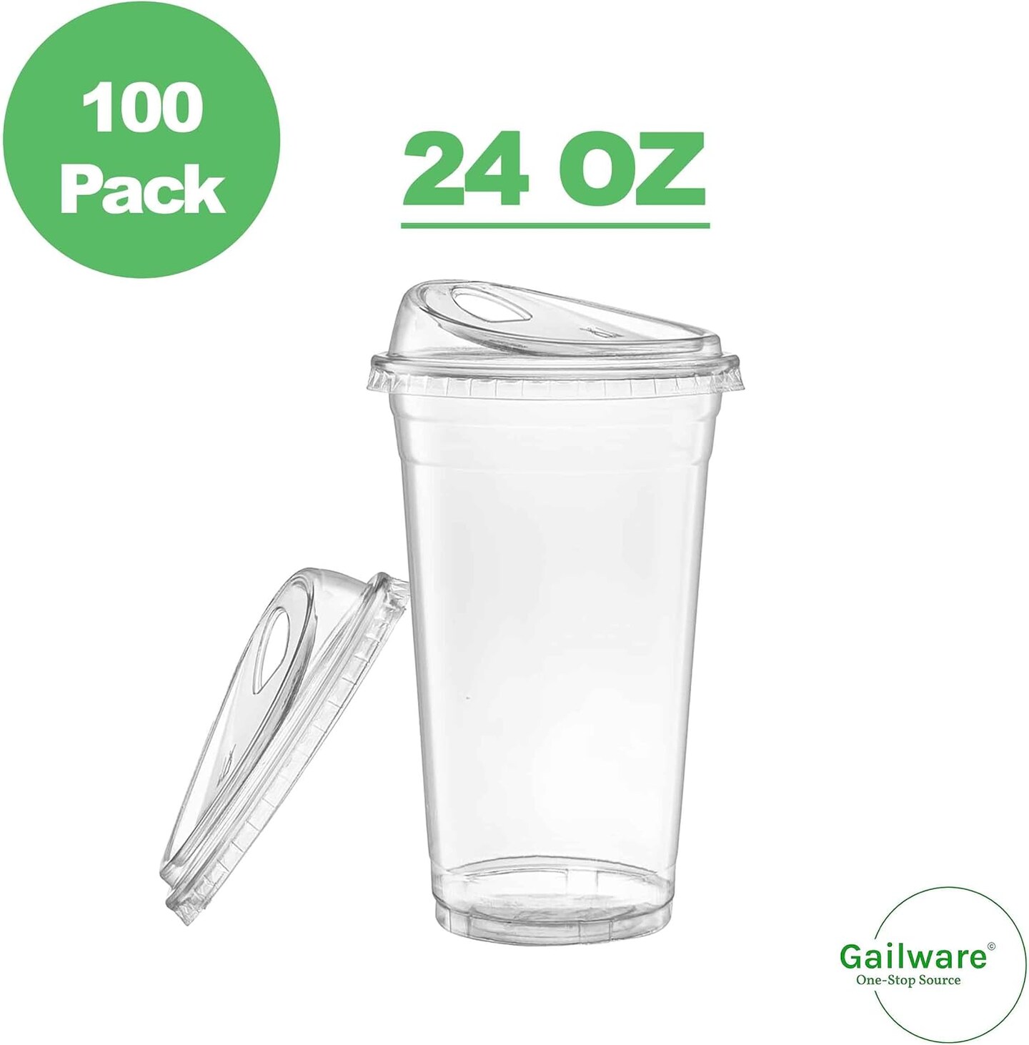 100 Pack 24 oz Clear Plastic Cups with Strawless Sip-Lids, Disposable Cold Drinking Cups with Lids, To Go Plastic Container for Iced Cold Coffee, and Soda for Events and Everyday Use.