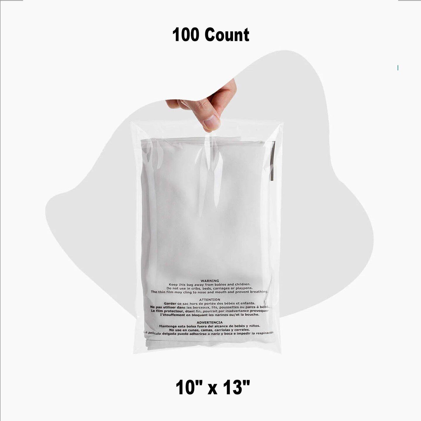 100 Count Clear Cellophane Resealable Bags with Suffocation Warning 10" x 13"