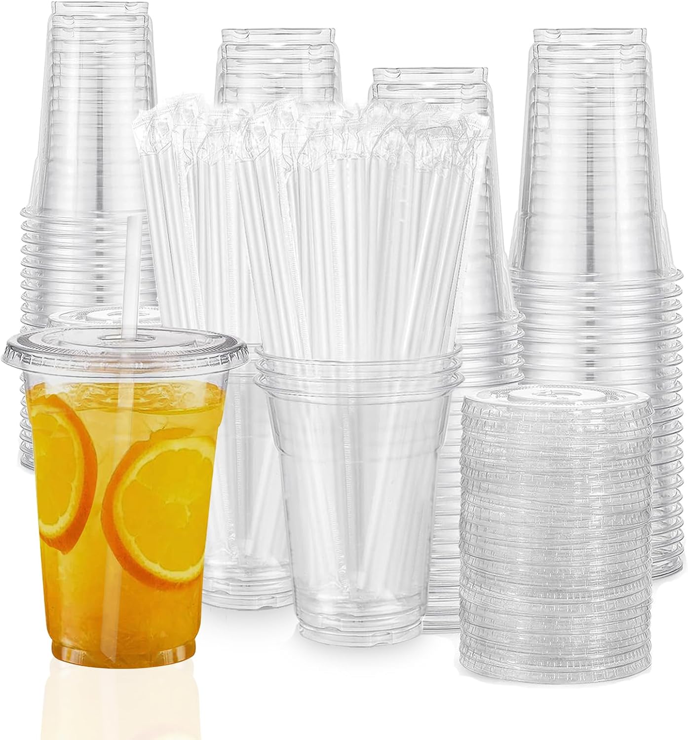 16 oz Clear Plastic Cups with Lids and Straws Set (100 Pack) – Disposable Crystal Iced Coffee Cups with Flat Lids & Straws for Smoothies, Drinks & Parties