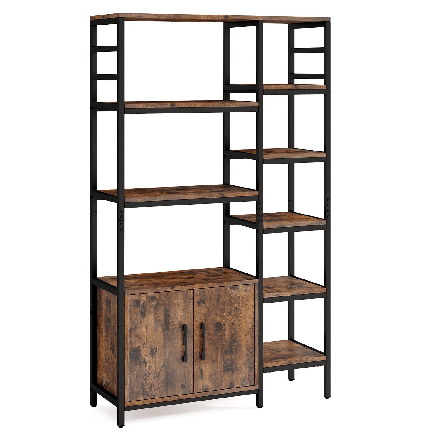 55.5" Tall 8-Tier Bookshelf with Double Door Cabinet Industrial Design Metal and Wood Storage Rack