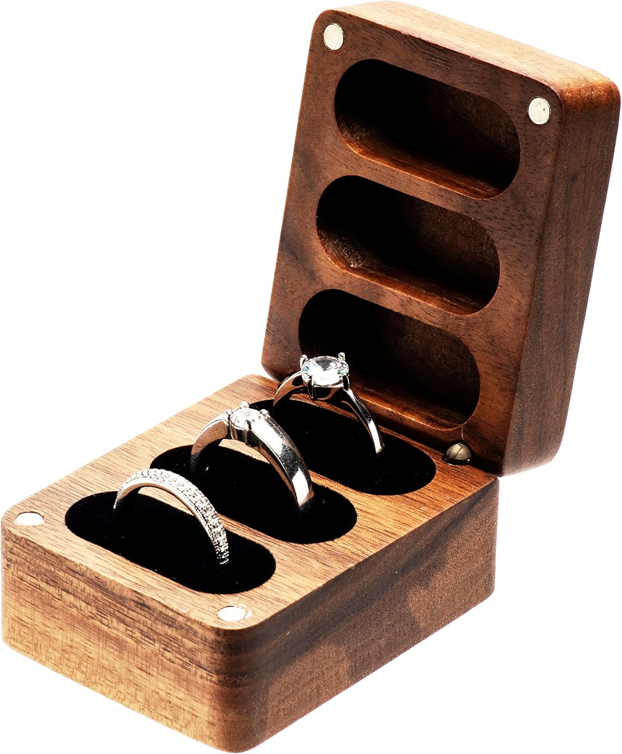 Walnut Wooden Wedding Ring Jewelry Storage Box, Solid Ring Holder for Ring 3 Slots