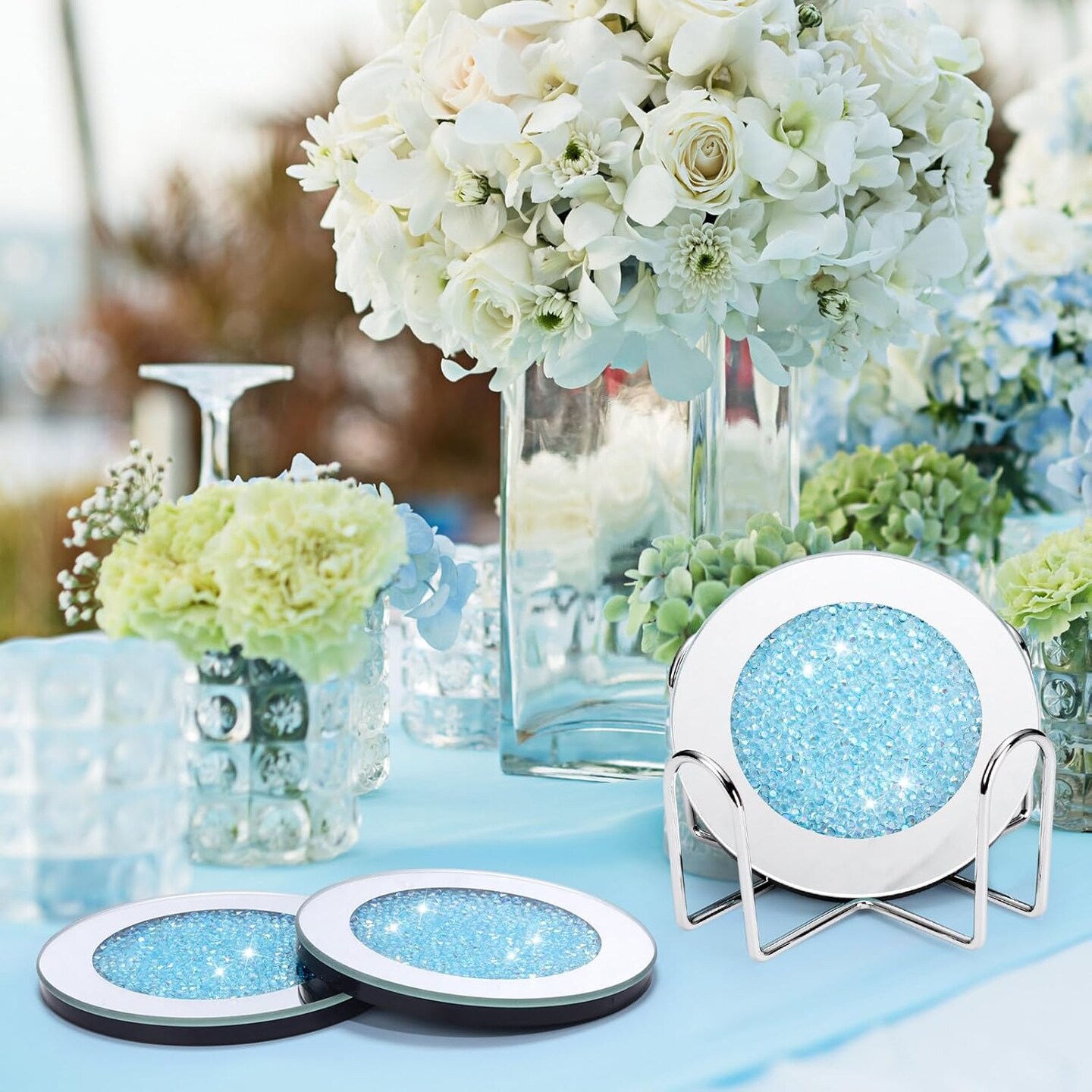 Crushed Diamond Decor Glass Coaster Coasters Set of 6 with 1 Holder, Crystal Mirrored Coasters Glitter Crushed Diamond Decoration Rhinestone Decor for Kitchen Bar Home(Navy Blue)