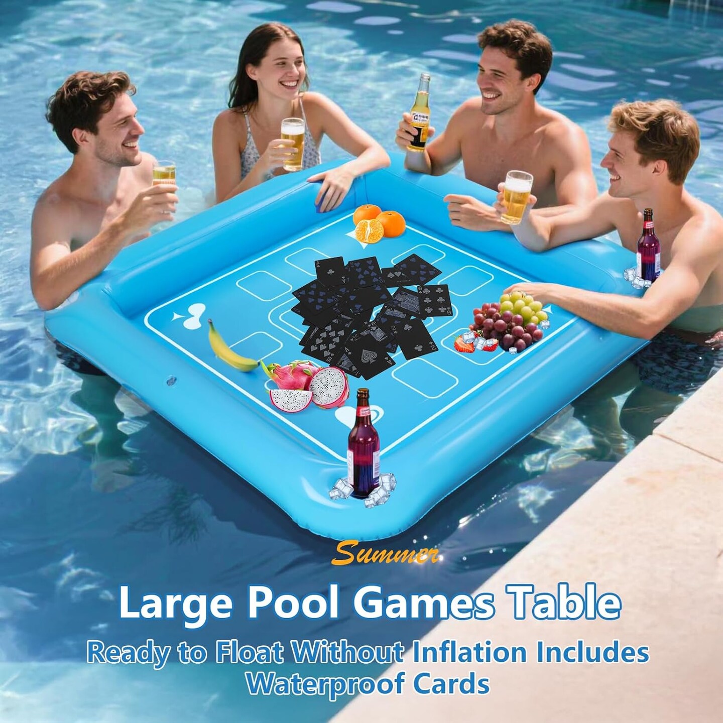 Floating Game Table for Pool - 40&#x22;x40&#x22; Inflatable Floating Table for Pool with Waterproof Playing Cards, Large Pool Float Drinking Table, Pool Float Drinks Tub Tray for Outdoor Summer Beach Party