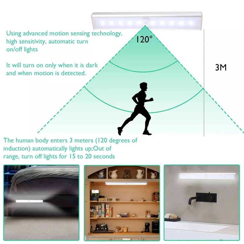 PIR Motion Sensor LED Closet Lights Under Cabinet Bar USB Rechargeble