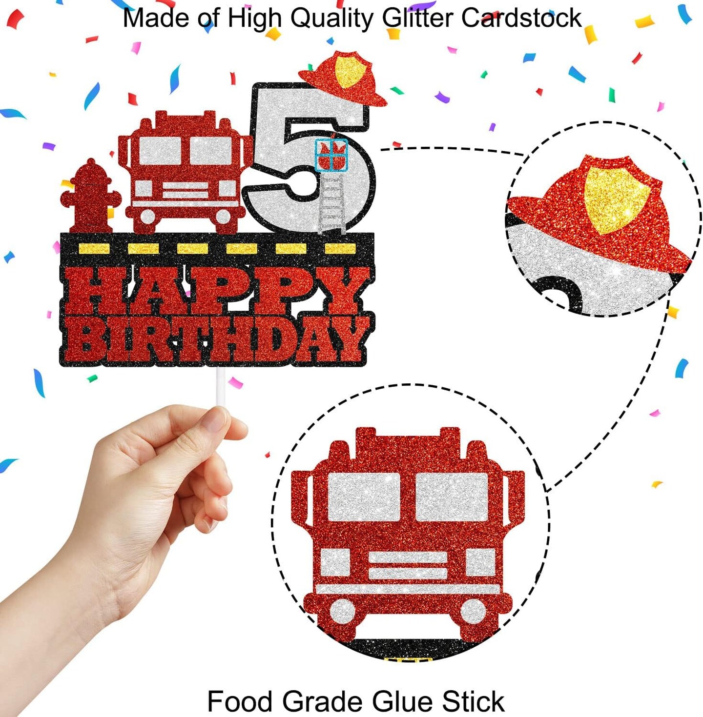 Kid's Firefighting Theme 5th Birthday Cake Topper - Fire Themed Party Fire Truck Ladder Fire Hydrant Fire Hat Happy Birthday Decoration