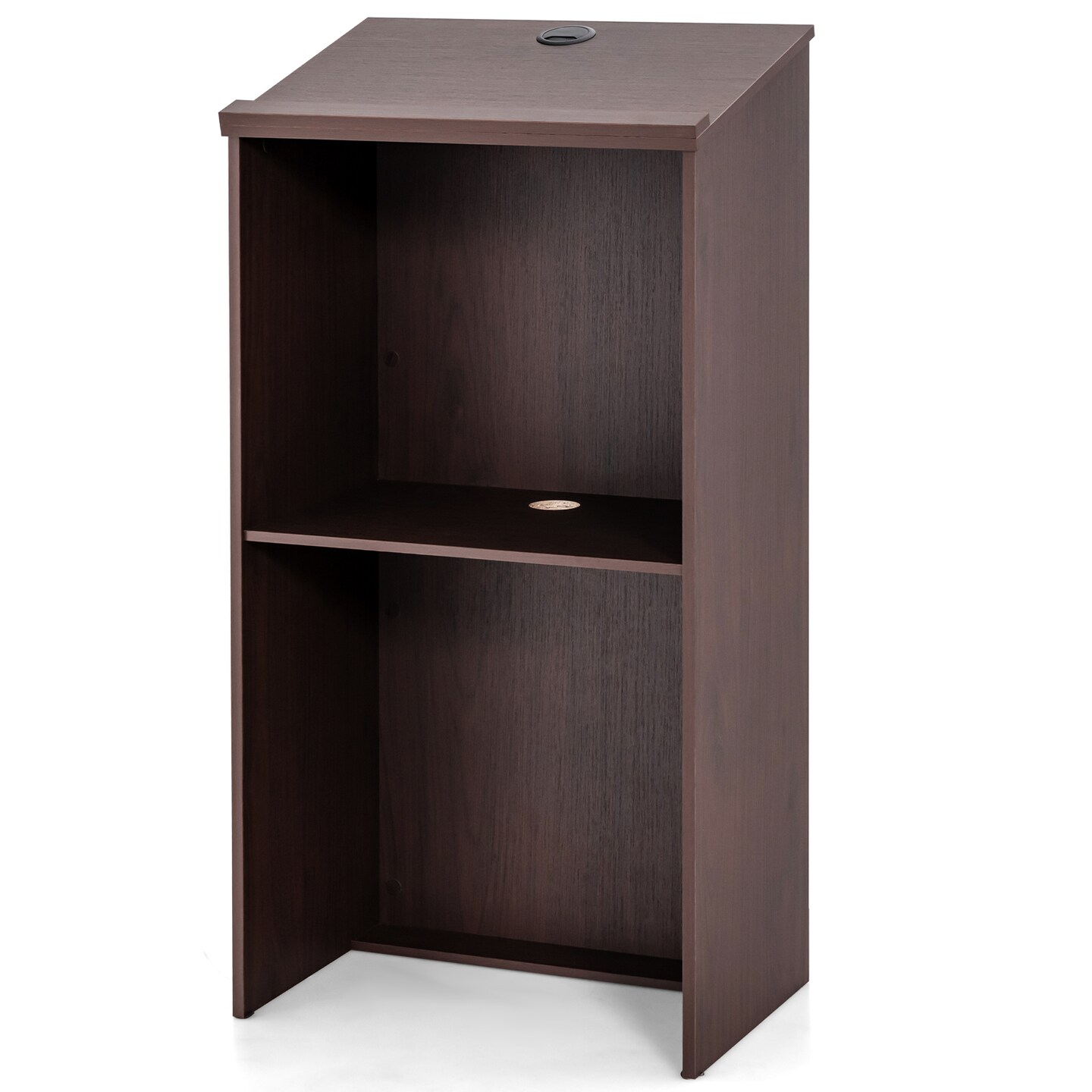 Floor Standing Wooden Lectern with Slanted Desktop and Storage Shelf for Speakers
