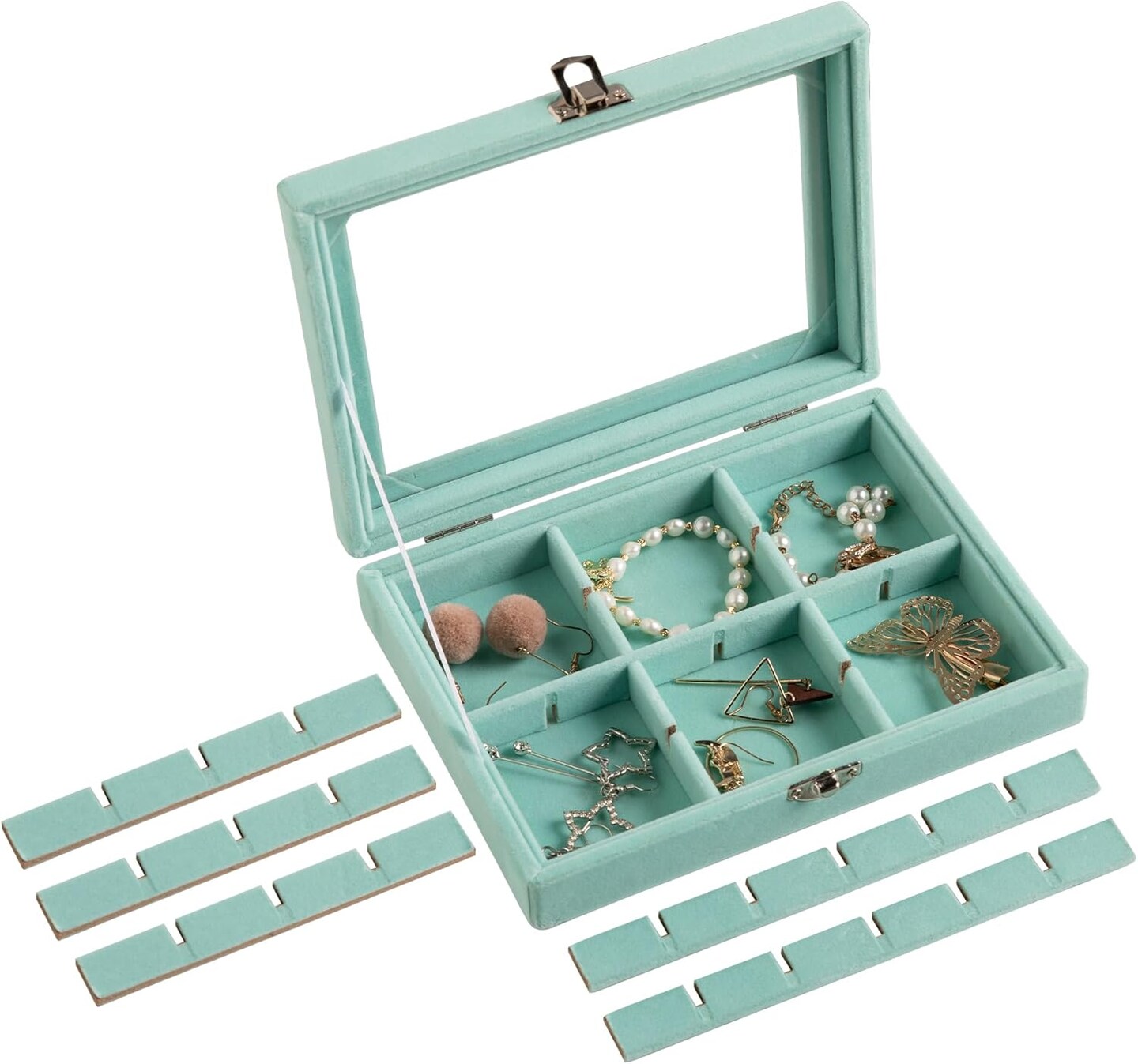 24 Grid Jewelry Tray,Velvet Stud Earring Organizer,Small Jewelry Organizer with Clear Lid,Lockable Earring Holder Organizer Jewelry Storage Boxes &#x26; Organizer Ring Holder for Women &#x26; Girls(Turquoise)