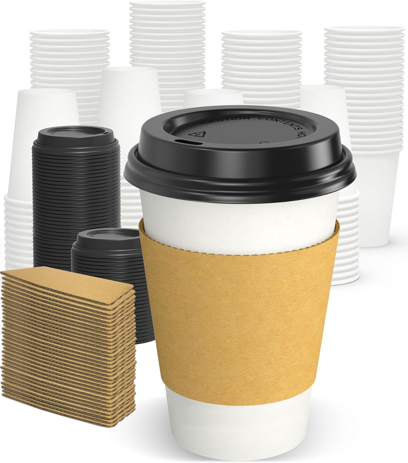 100 Pack 12 oz Disposable Coffee Cups with Lids and Sleeves, Sturdy Thick Paper &#x26; Leak-free Insulated to Go Paper Hot Coffee Cups with Sip Lids for Hot &#x26; Cold Beverage