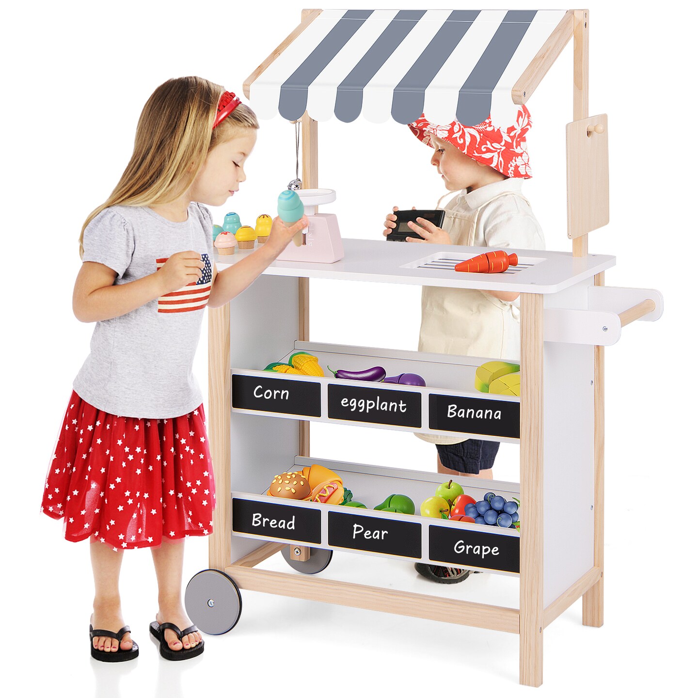 Wooden Ice Cream Cart for Children with Chalkboard Storage and Toy Pieces