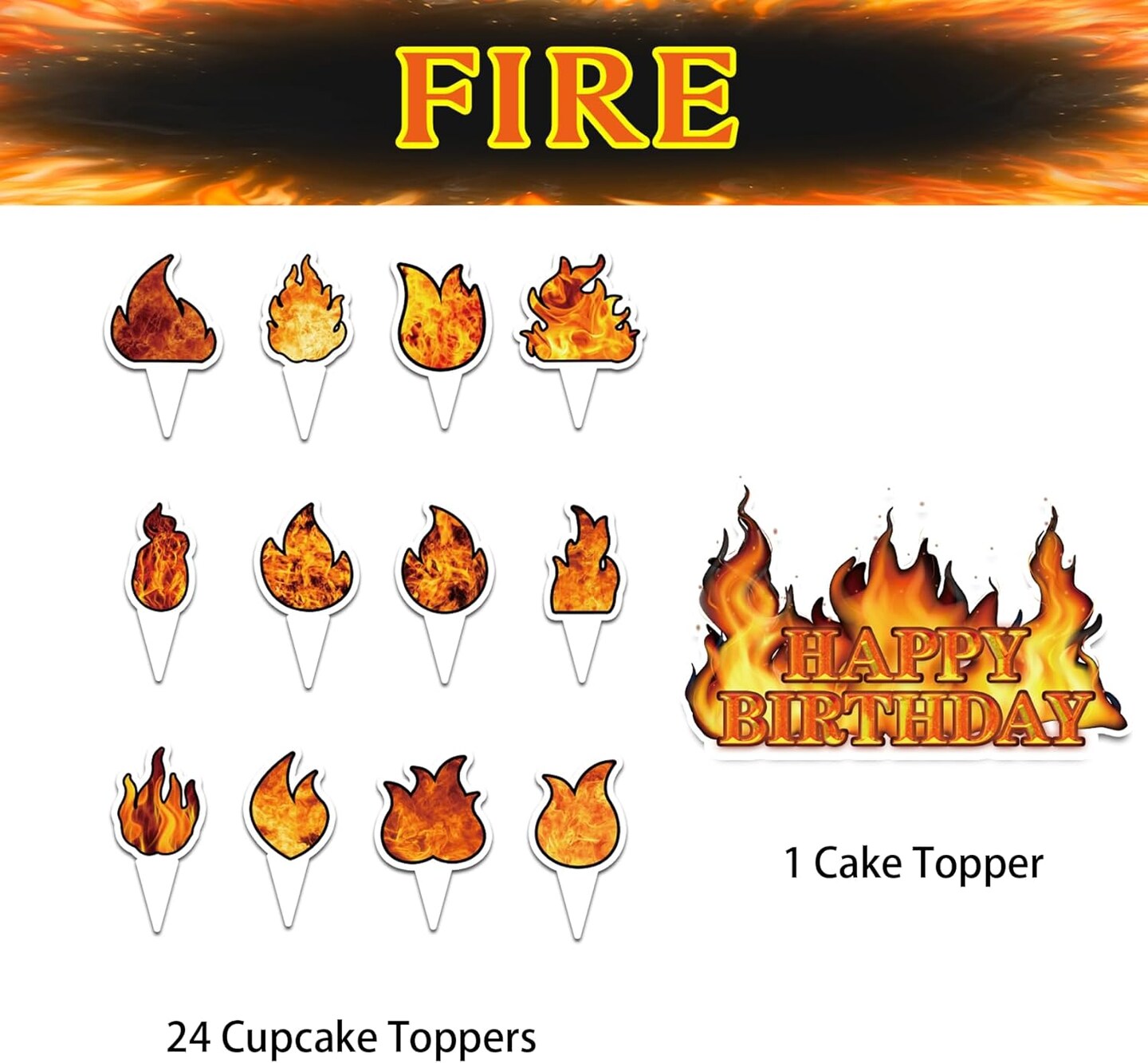25 Pcs Fire Cake Topper Cupcake Toppers Fire Cake Decorations for Firefighter Party Decorations Fire Truck Birthday Party Supplies