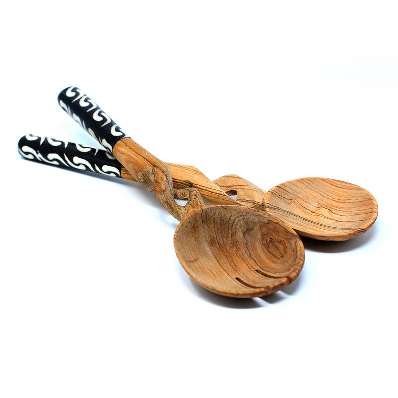 11-Inch Wooden Salad Serving Set of 2 Twisted Olive Wood Spoons with Smooth Bone Handle Accents