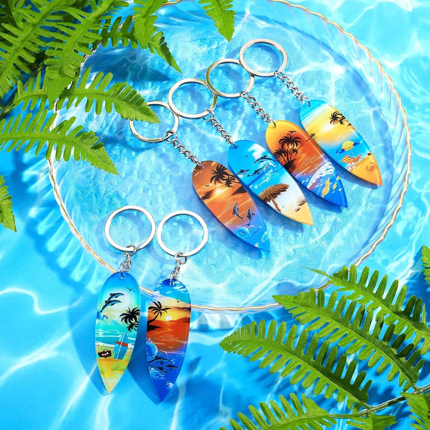 48 Pcs Beach Summer Party Favors Surfboard Keychains Toy Gifts Bulk Acrylic Mini Surfboard Sea Turtle Coconut Tree Key Chains for Florida California Hawaiian Bahamas Souvenirs Supplies