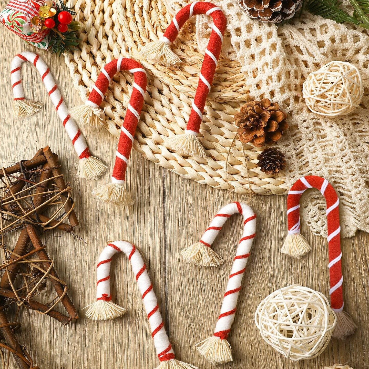8 Pcs Christmas Macrame Candy Cane Ornaments (5 Inch)