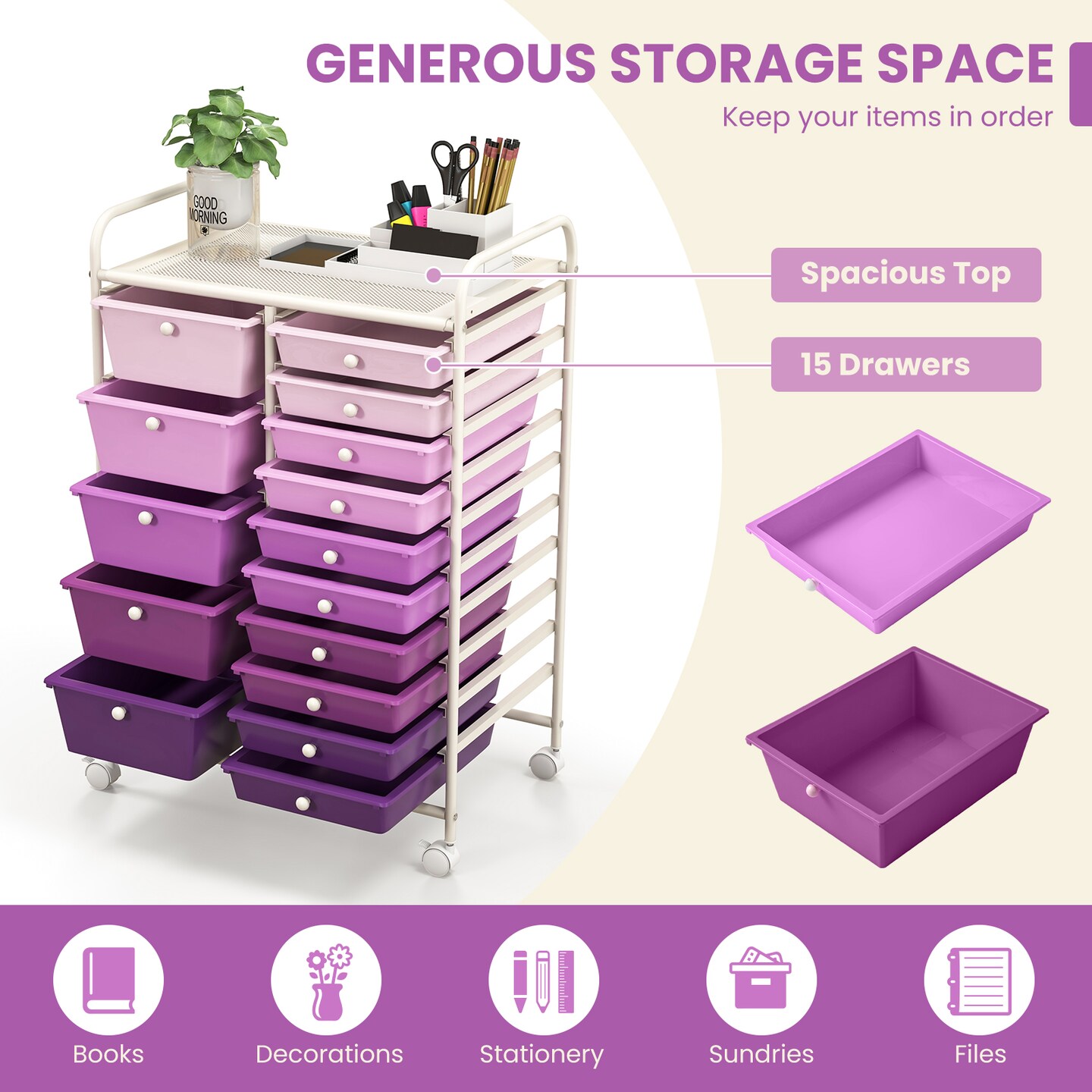 White Steel Frame Rolling Storage Cart with Purple Drawers and 15 Compartments