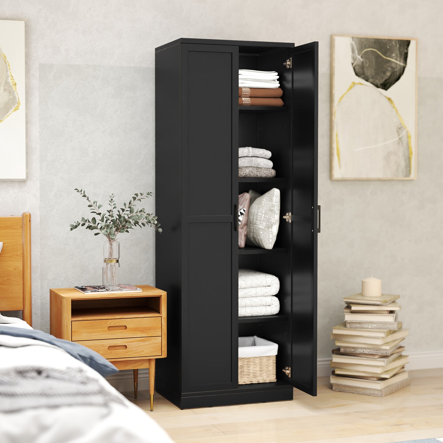 Black 5-Tier Multi-Purpose Storage Cabinet with Adjustable Shelves and Smooth Doors for Home Organization