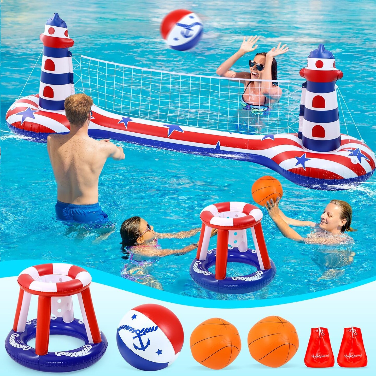 Inflatable Pool Float Set with Volleyball Net & Basketball Hoop,2-in-1 Floating Water Games for Kids Adults, Backyard Beach Summer Toys, Heavy-Duty PVC Family Pool Party Essentials