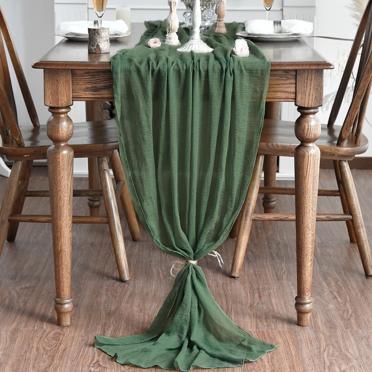 Boho Cheesecloth Gauze Forest Green Wedding Table Runner, 35x160 Inch Seasonal Fabric Kitchen Dining Holiday Table Decor for Home Party Indoor