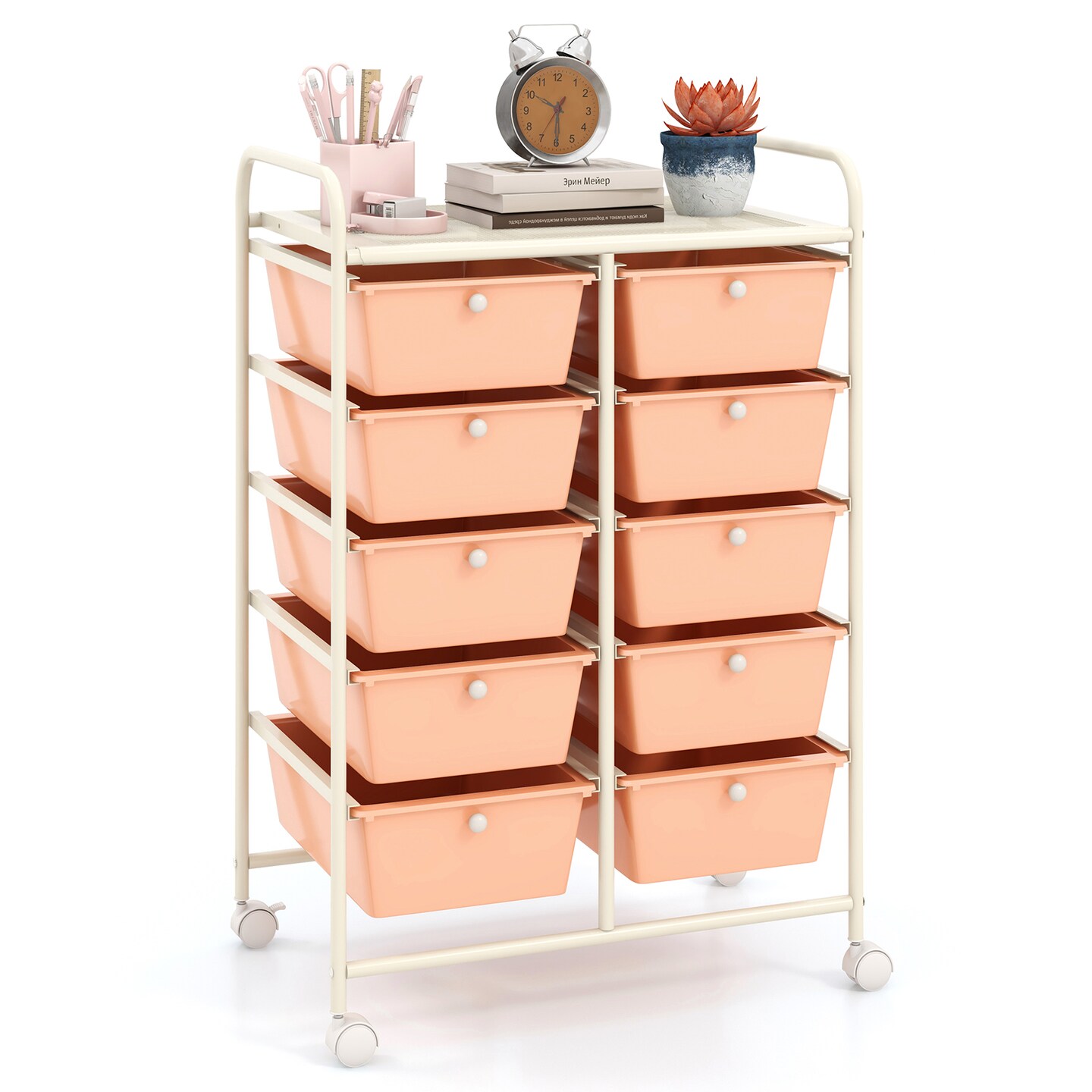 Rolling Storage Organizer Cart with 10 Drawers and Mesh Top Shelf