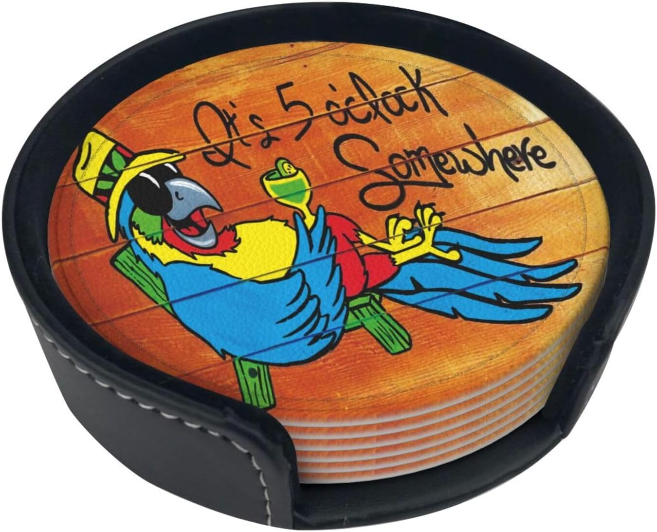 It&#x27;s 5 O&#x27;Clock Somewhere Coasters Set of 6 Pu Leather Drinks Coaster with Holder for Coffee Table Kitchen Table Bar Home &#x26; Office Gifts Decor, Colour1