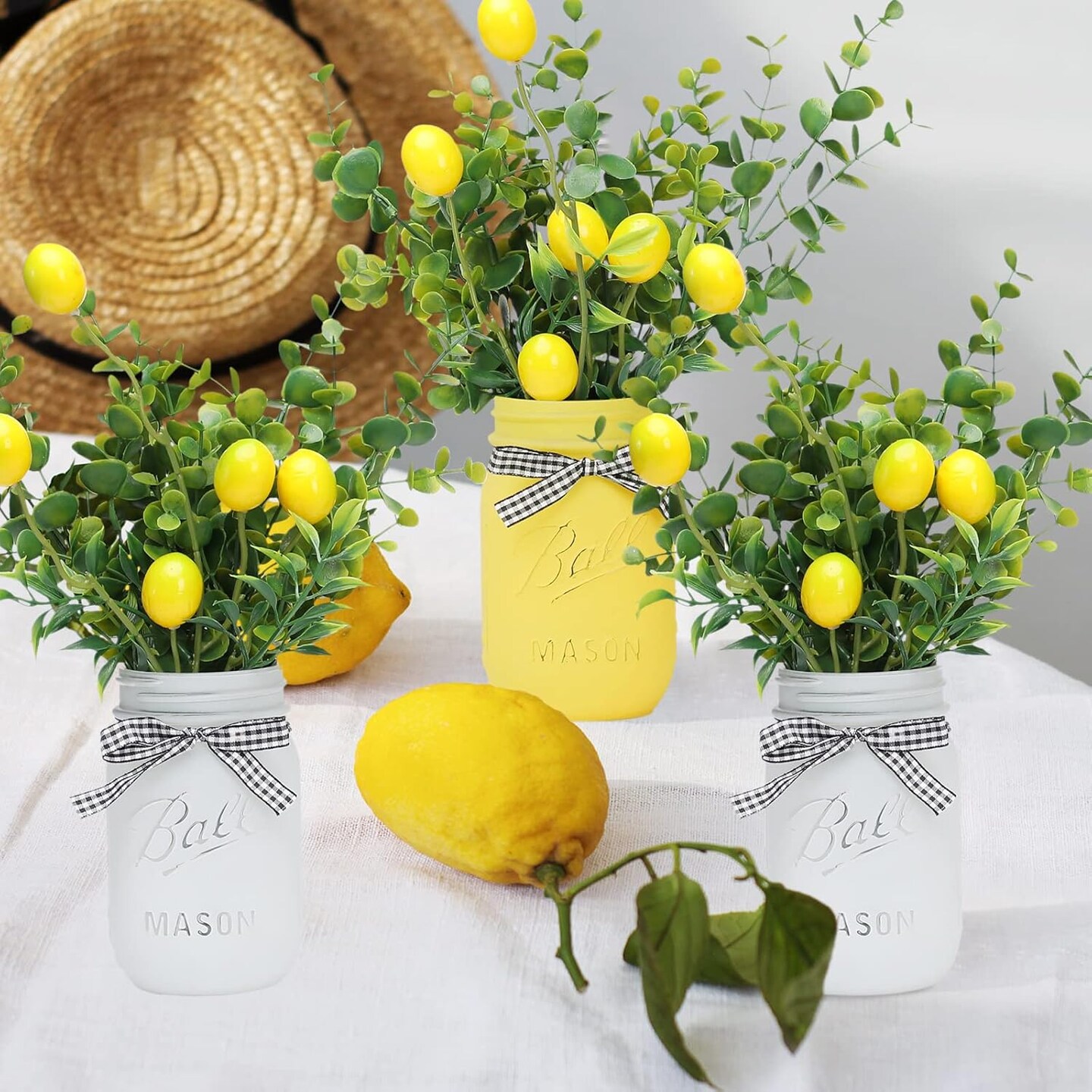 Lemon Mason Jars Centerpiece for Table, Wood Tray with 3 Painted Jars, Dining Coffee Table Centerpiece For Kitchen, Living Room, Spring Mason Jar Decor with Lemon